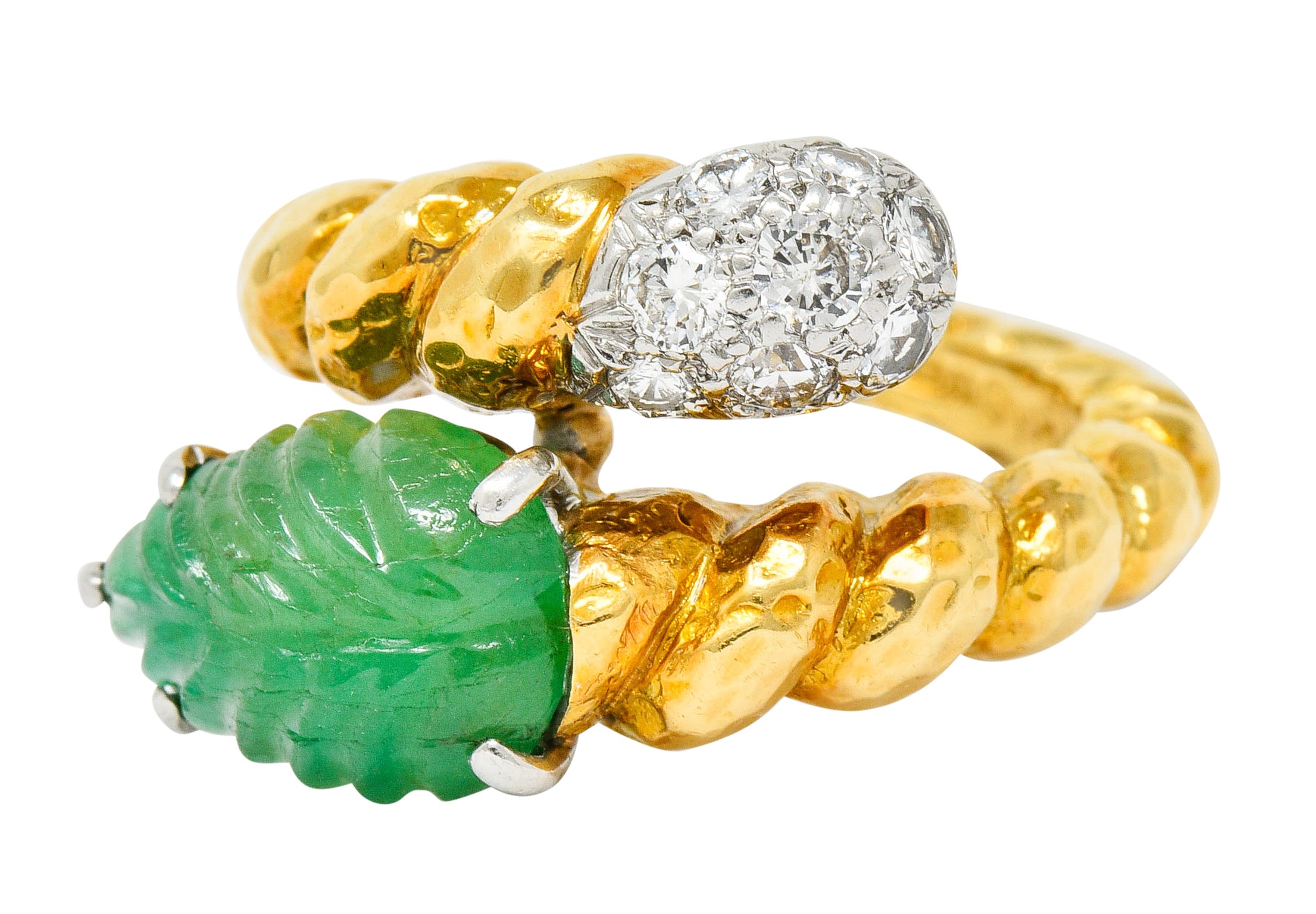 David Webb Carved Emerald Pave Diamond 18 Karat Gold Bypass Ring - Wilson's Estate Jewelry