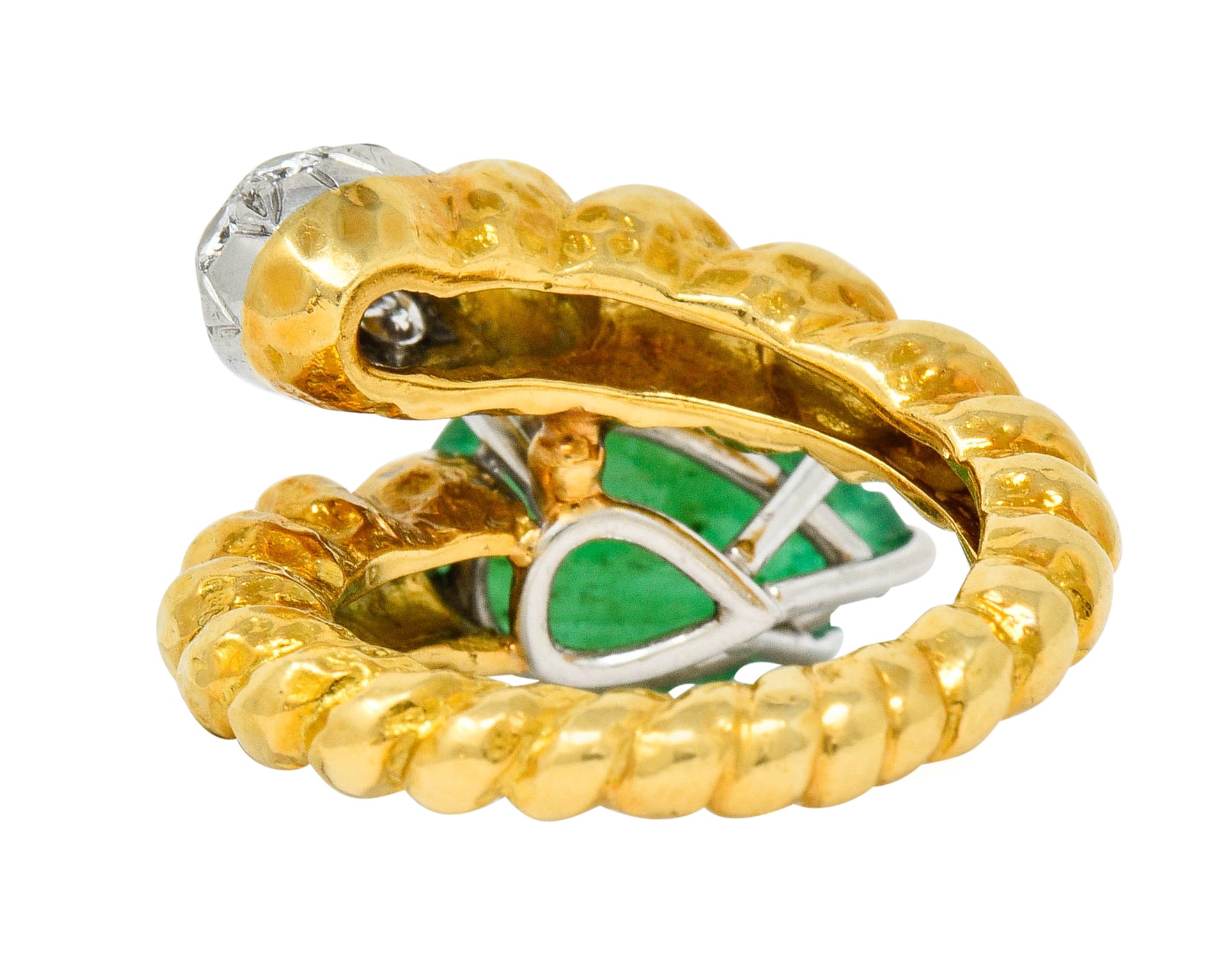 David Webb Carved Emerald Pave Diamond 18 Karat Gold Bypass Ring - Wilson's Estate Jewelry