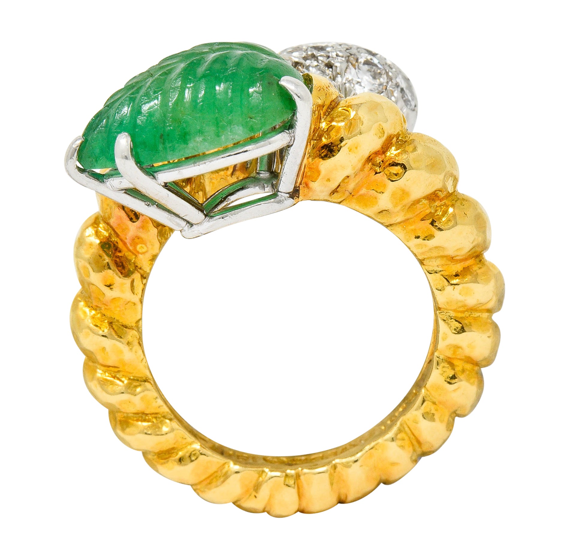 David Webb Carved Emerald Pave Diamond 18 Karat Gold Bypass Ring - Wilson's Estate Jewelry