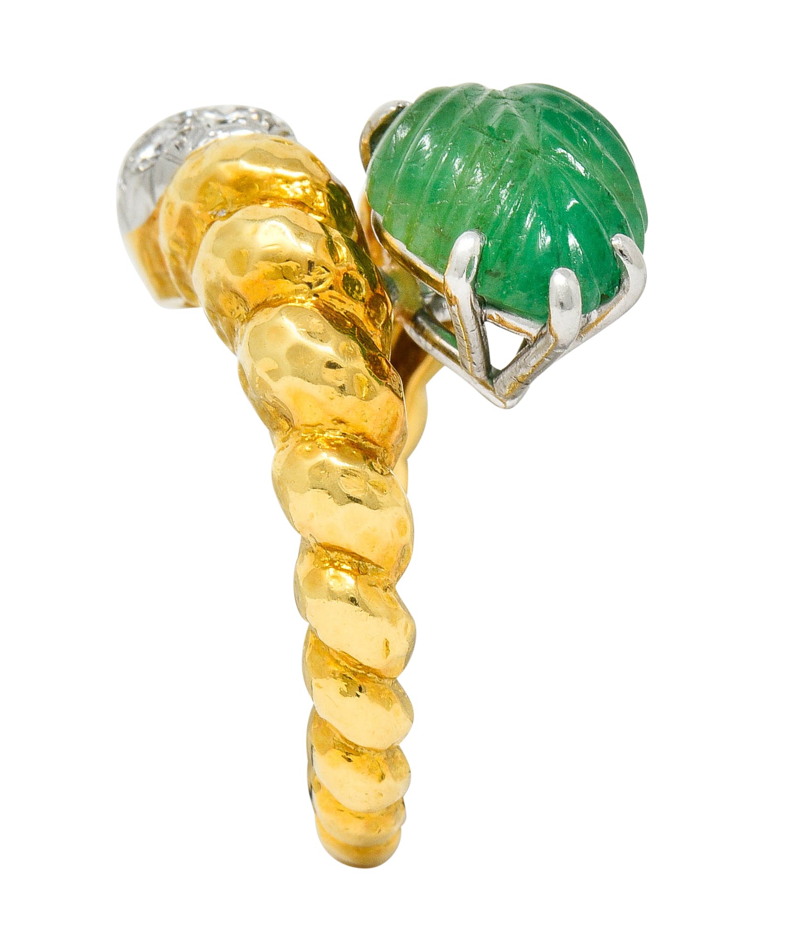 David Webb Carved Emerald Pave Diamond 18 Karat Gold Bypass Ring - Wilson's Estate Jewelry