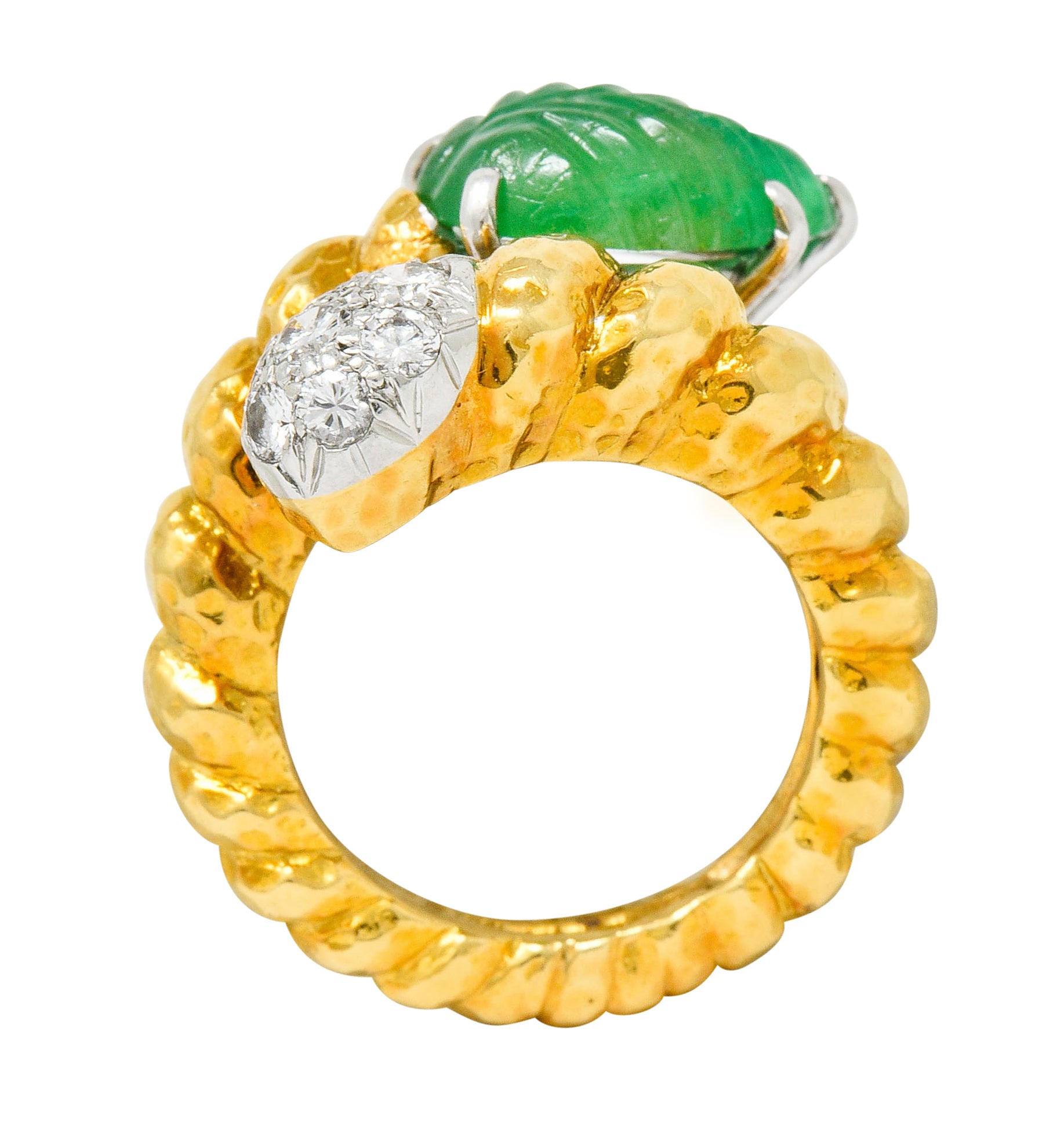 David Webb Carved Emerald Pave Diamond 18 Karat Gold Bypass Ring - Wilson's Estate Jewelry