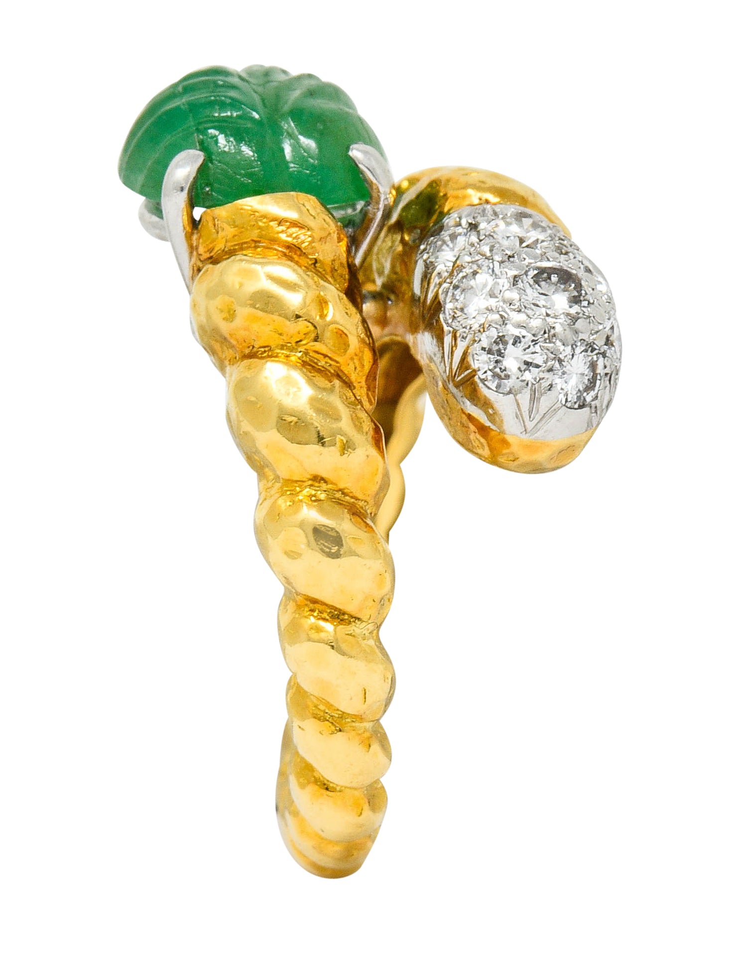 David Webb Carved Emerald Pave Diamond 18 Karat Gold Bypass Ring - Wilson's Estate Jewelry