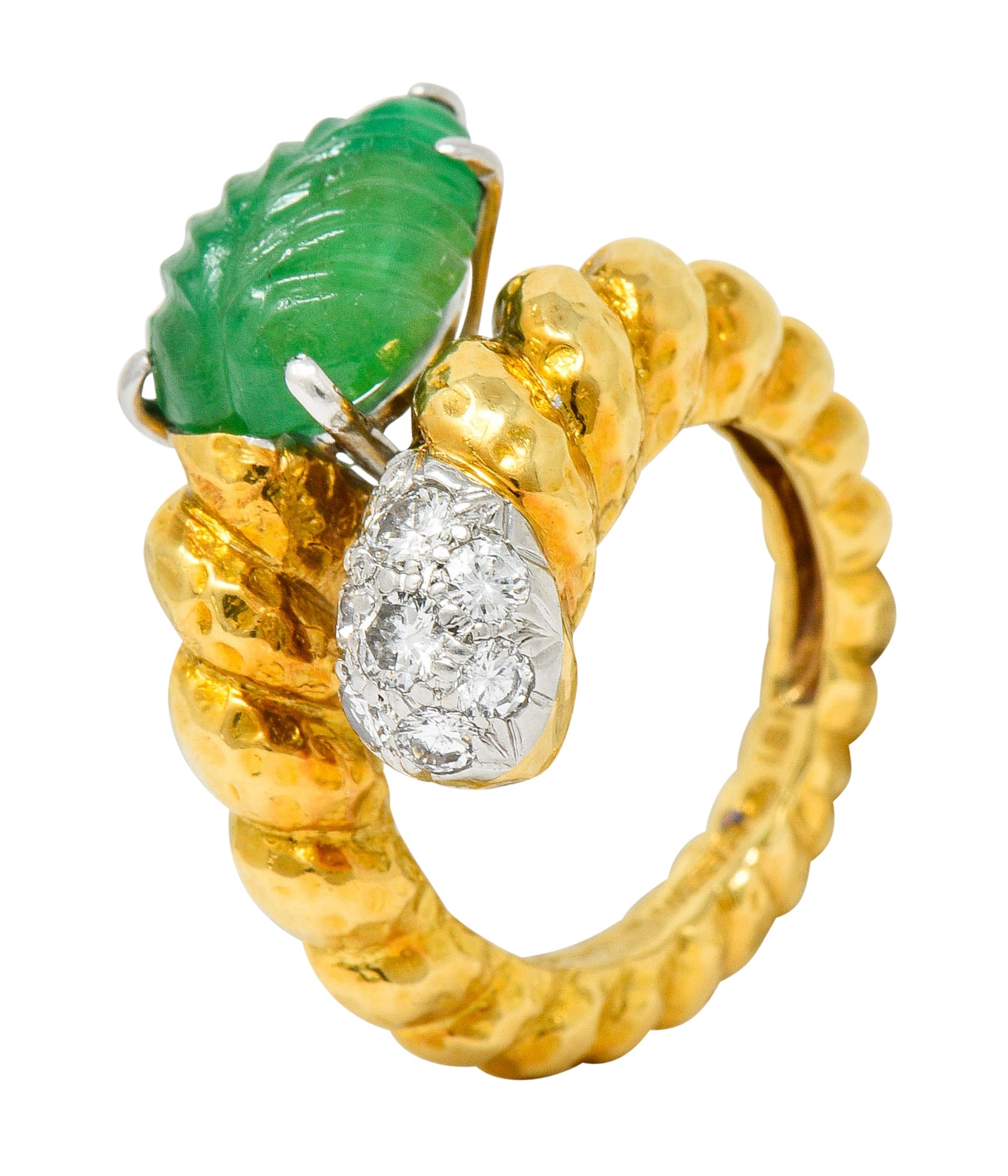 David Webb Carved Emerald Pave Diamond 18 Karat Gold Bypass Ring - Wilson's Estate Jewelry