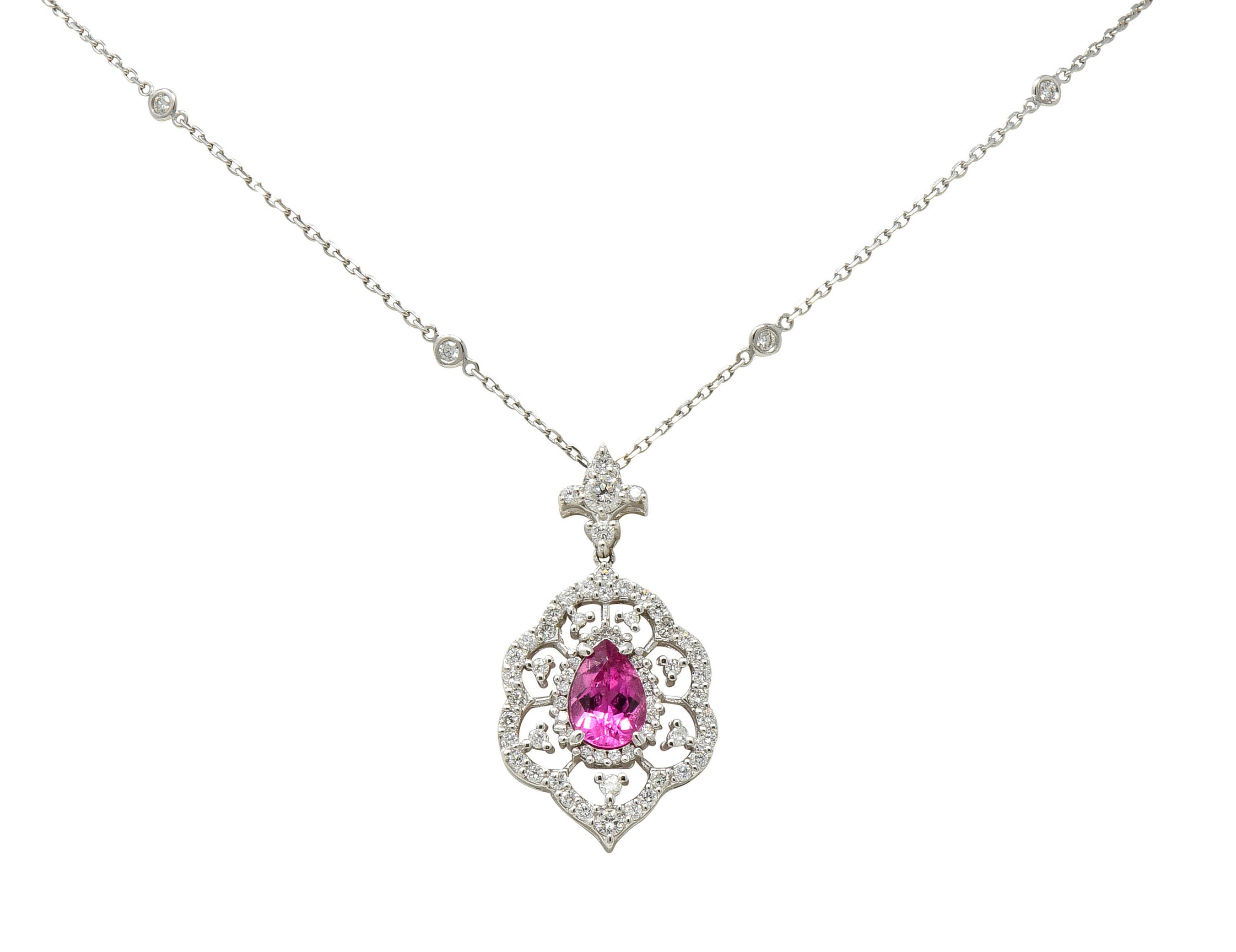 Pink Tourmaline Diamond 18 Karat White Gold Cluster Pendant NecklaceNecklace - Wilson's Estate Jewelry