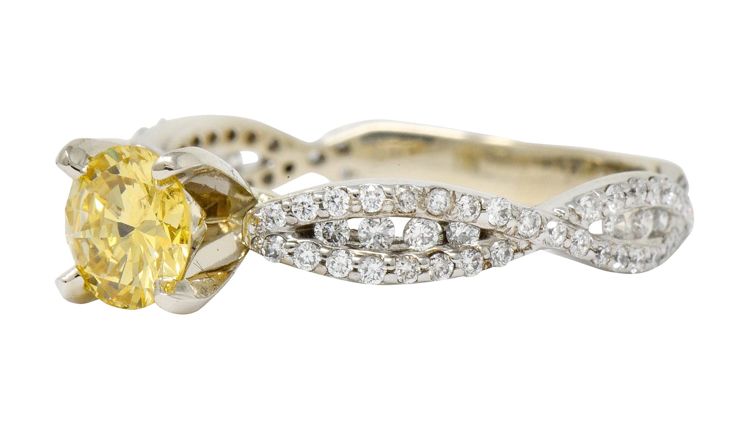 Contemporary 1.95 CTW Fancy Yellow Diamond 14 Karat White Gold Trellis Engagement Ring GIA - Wilson's Estate Jewelry