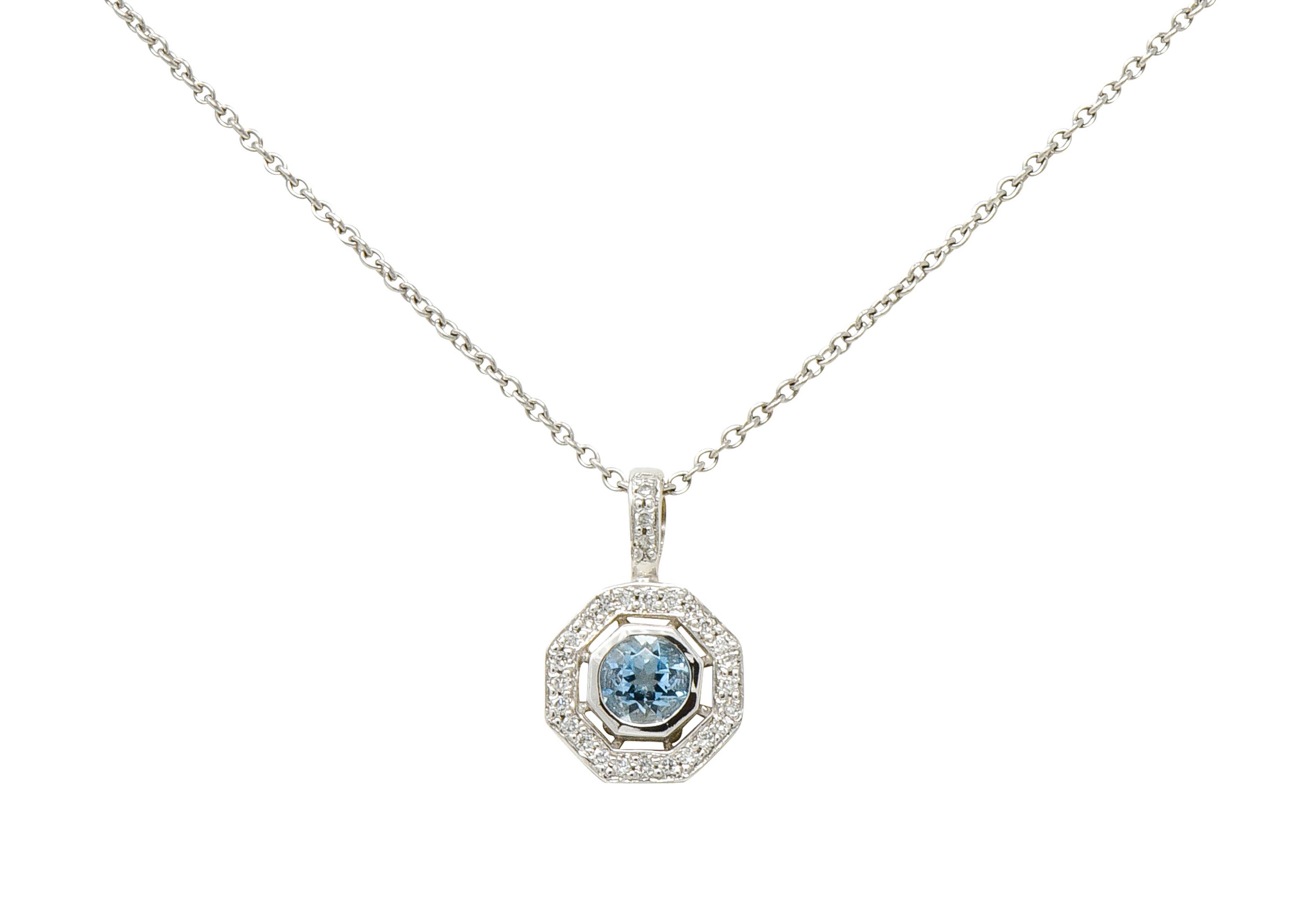 Aquamarine Diamond 18 Karat White Gold Octagonal Pendant NecklaceNecklace - Wilson's Estate Jewelry