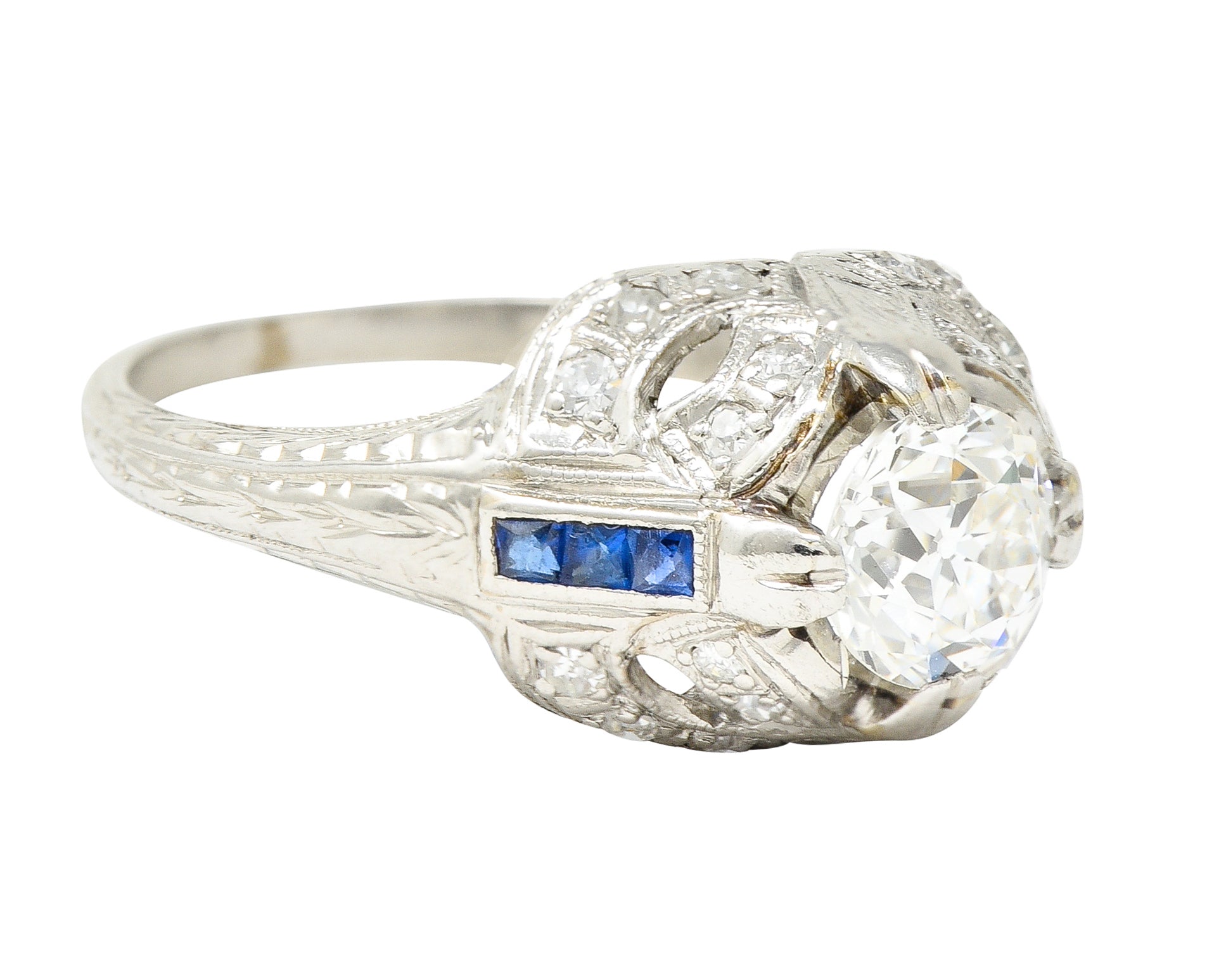 Art Deco 1.19 CTW Old European Cut Diamond Sapphire Platinum Ribbon Antique Engagement Ring Wilson's Estate Jewelry