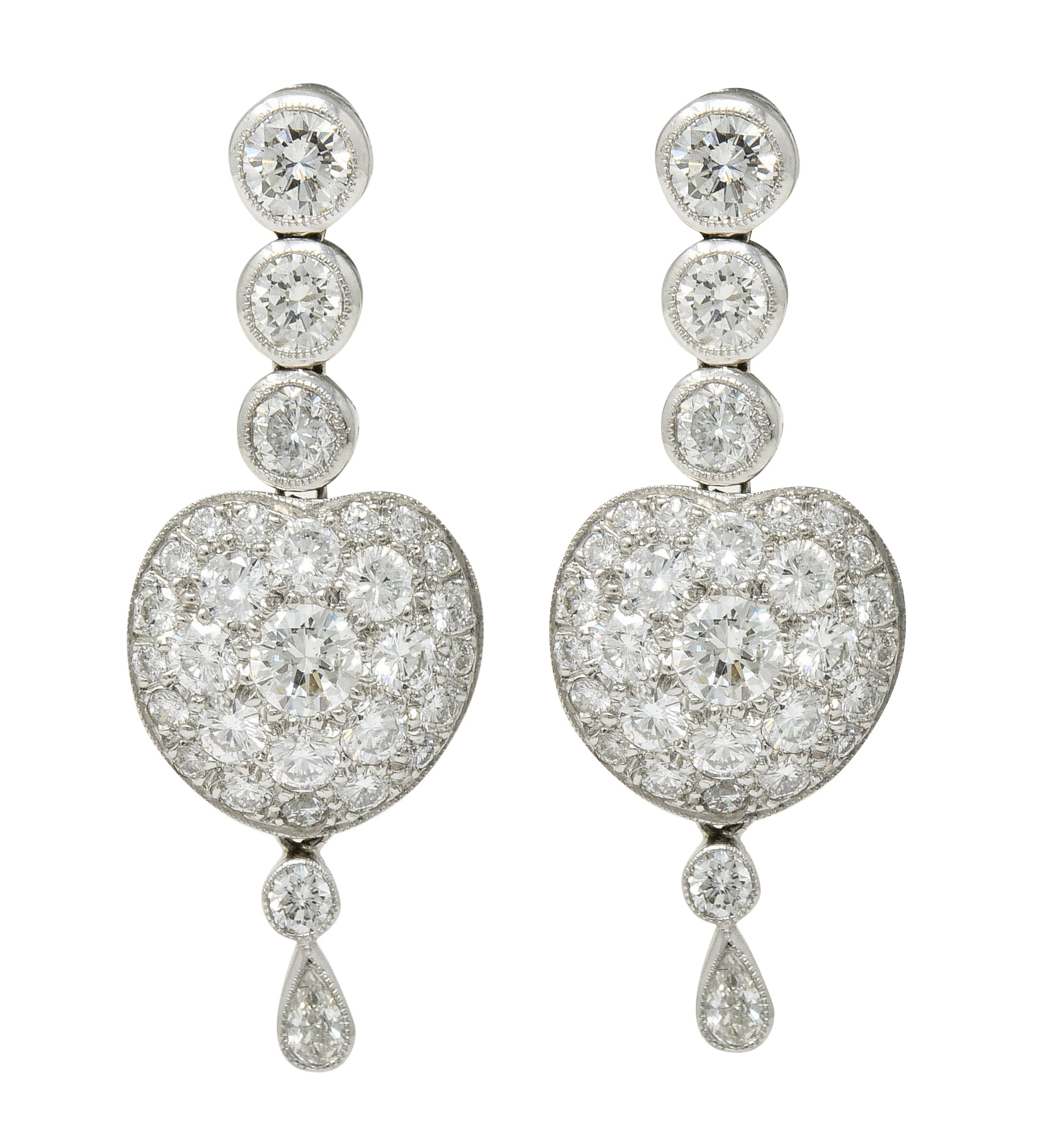 Elegant 3.10 CTW Pave Diamond Platinum Heart Drop EarringsEarrings - Wilson's Estate Jewelry