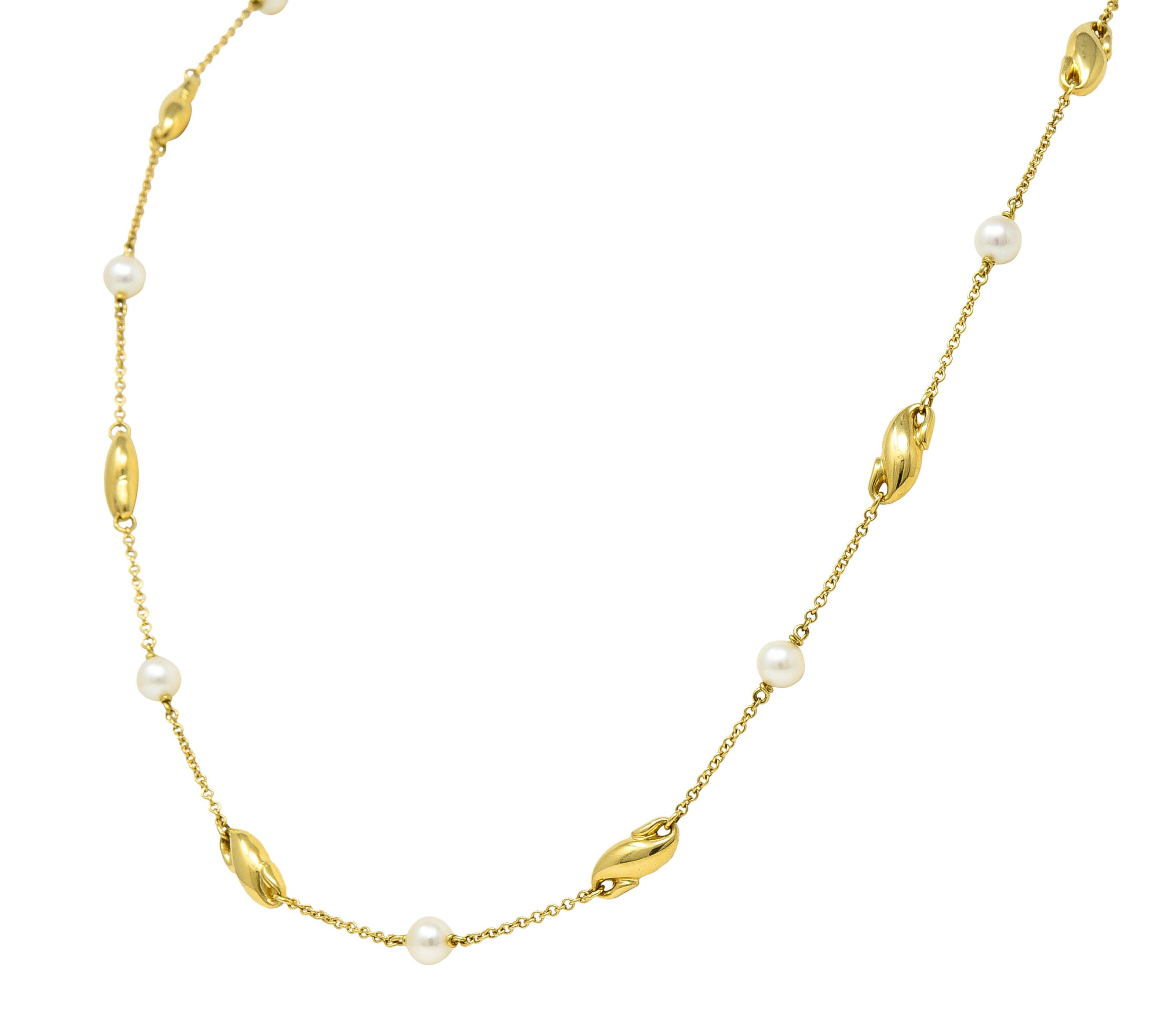 Contemporary Cultured Pearl 18 Karat Gold Station Chain NecklaceNecklace - Wilson's Estate Jewelry