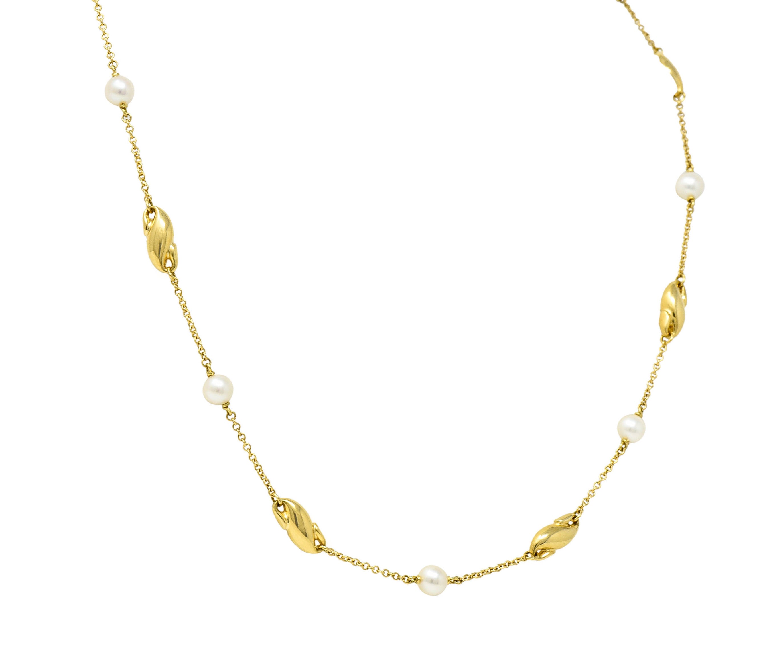 Contemporary Cultured Pearl 18 Karat Gold Station Chain NecklaceNecklace - Wilson's Estate Jewelry