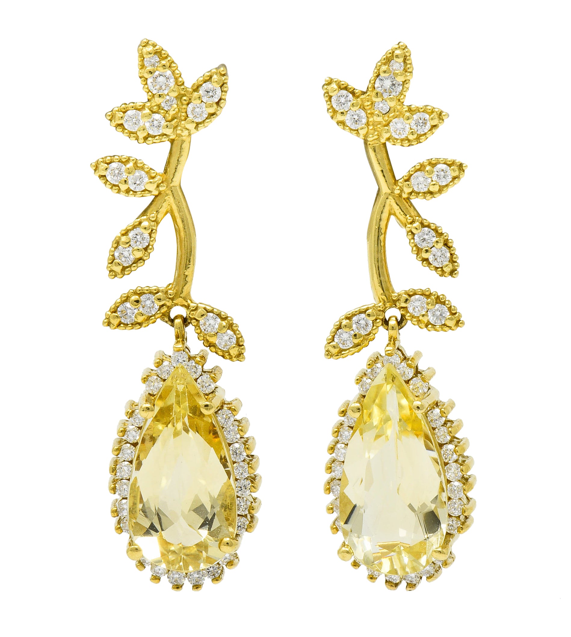 Heliodor Golden Beryl Diamond 18 Karat Gold Foliate Drop EarringsEarrings - Wilson's Estate Jewelry