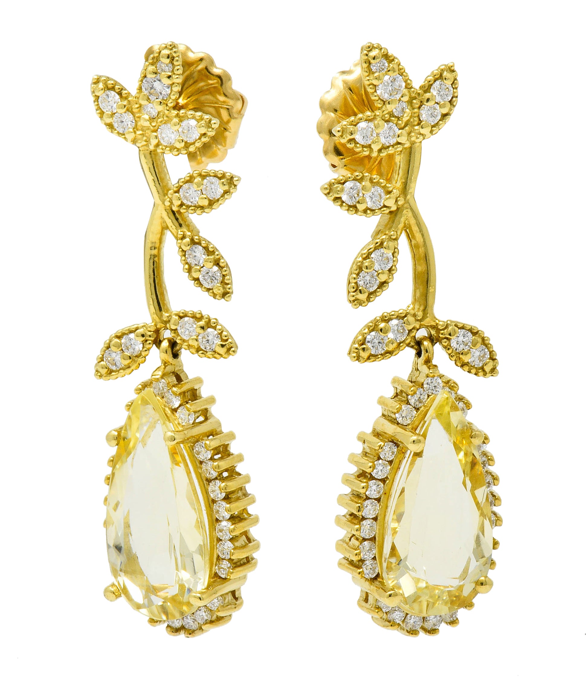 Heliodor Golden Beryl Diamond 18 Karat Gold Foliate Drop EarringsEarrings - Wilson's Estate Jewelry