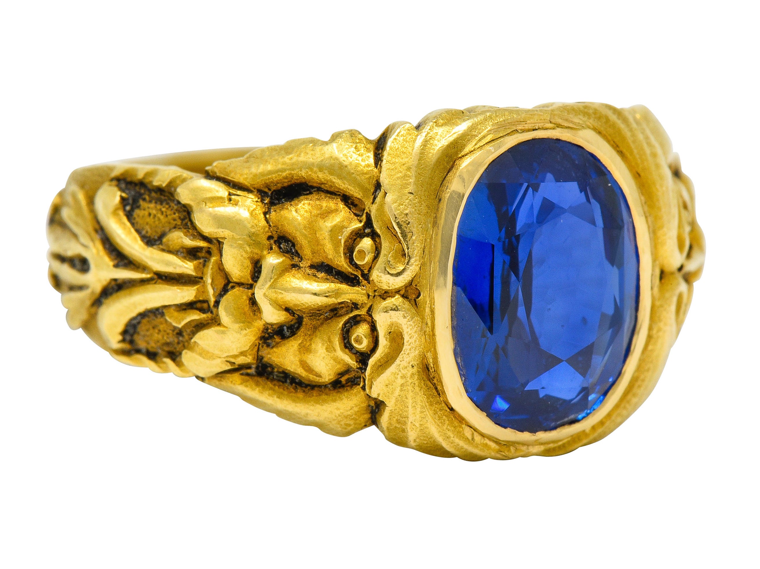 French Victorian 3.00 CTW No Heat Burma Sapphire 18 Karat Gold Anemoi God Of Wind Ring GIARing - Wilson's Estate Jewelry