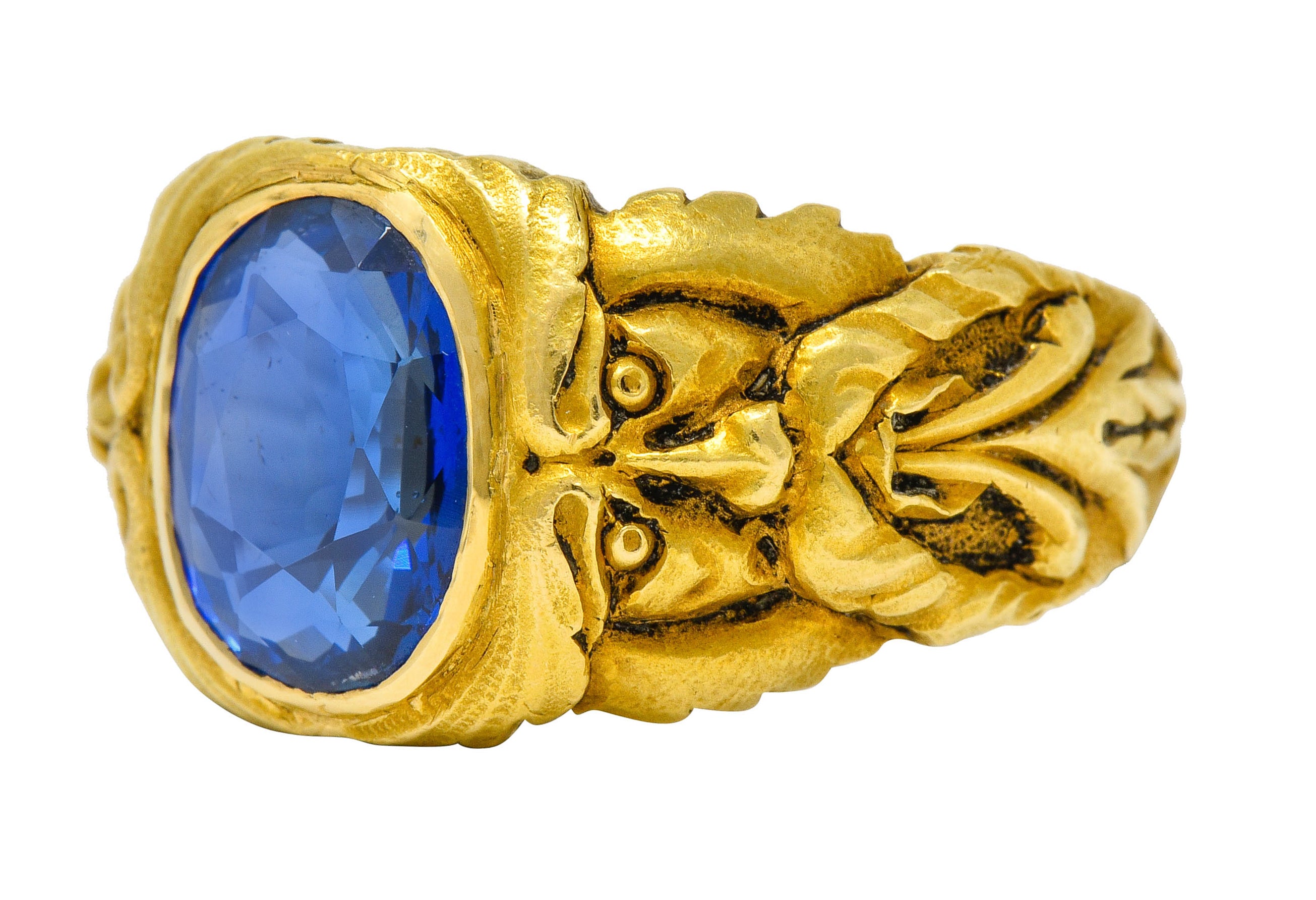 French Victorian 3.00 CTW No Heat Burma Sapphire 18 Karat Gold Anemoi God Of Wind Ring GIARing - Wilson's Estate Jewelry