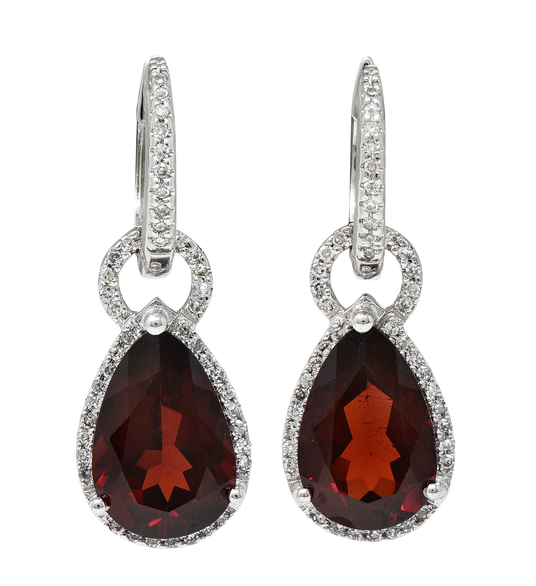 Contemporary Garnet Diamond 14 Karat White Gold Pear Drop Earrings Wilson's Estate Jewelry