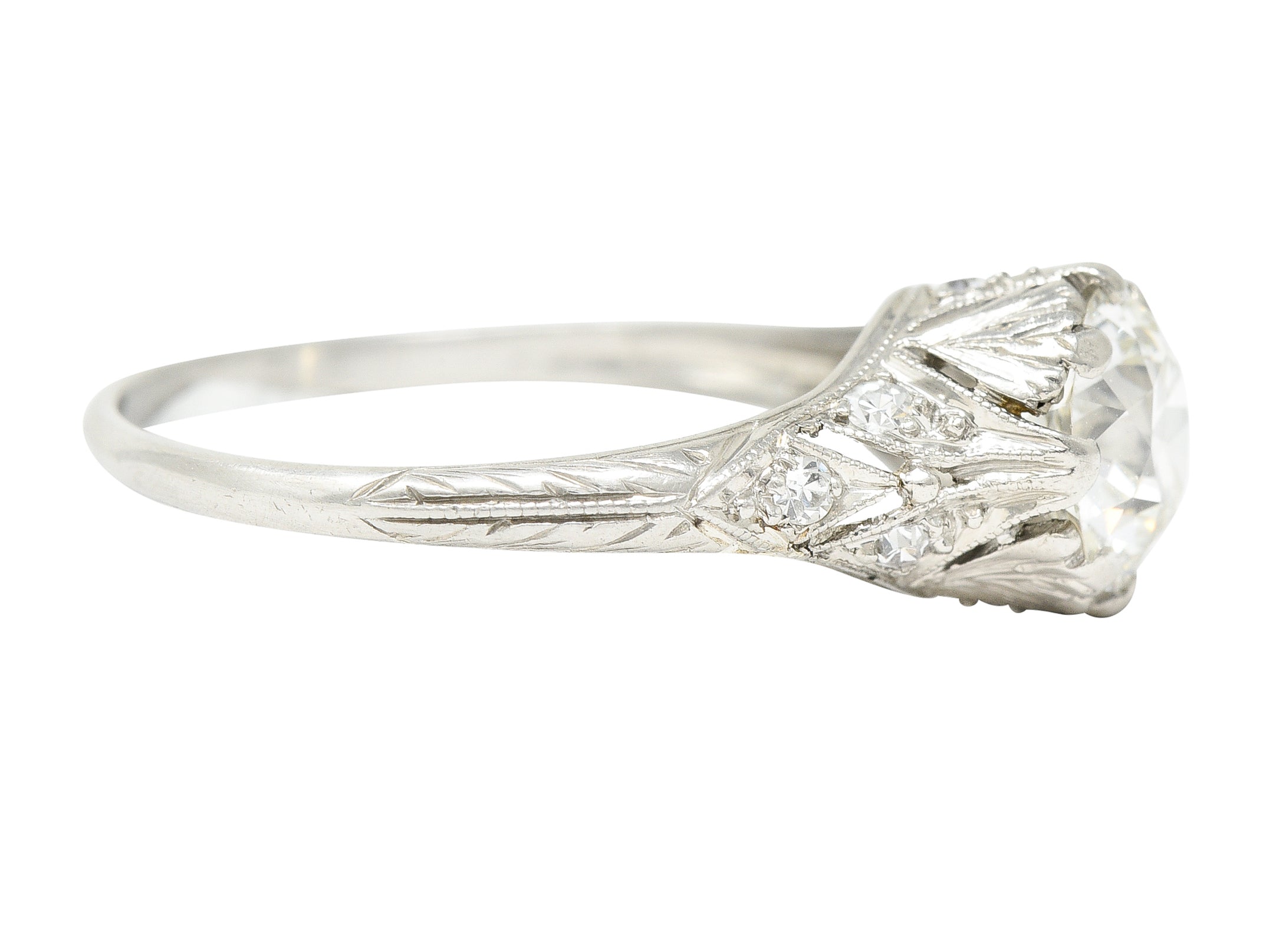 Early Art Deco 1.23 CTW Old European Cut Diamond Platinum Oak Leaf Antique Engagement Ring Wilson's Estate Jewelry