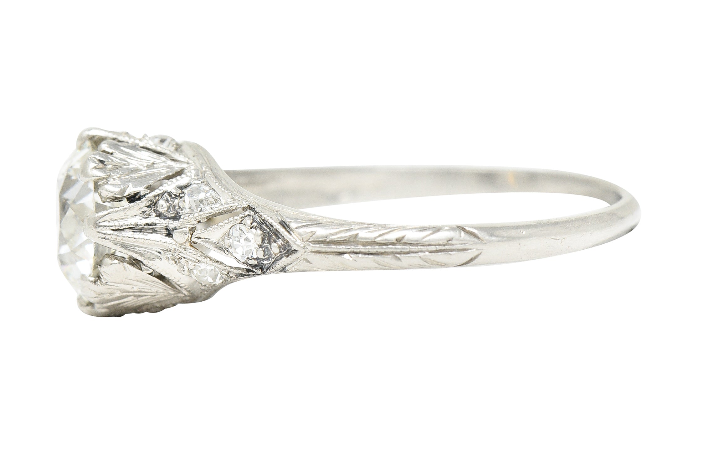 Early Art Deco 1.23 CTW Old European Cut Diamond Platinum Oak Leaf Antique Engagement Ring Wilson's Estate Jewelry