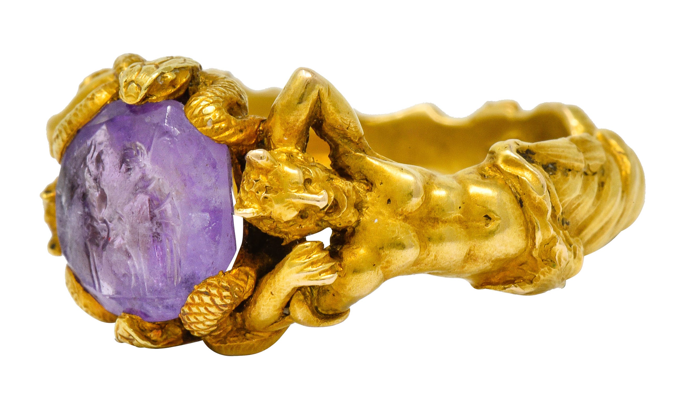 Victorian Roman Ancient Carved Amethyst Intaglio 18 Karat Gold Men's Snake & Devil RingRing - Wilson's Estate Jewelry