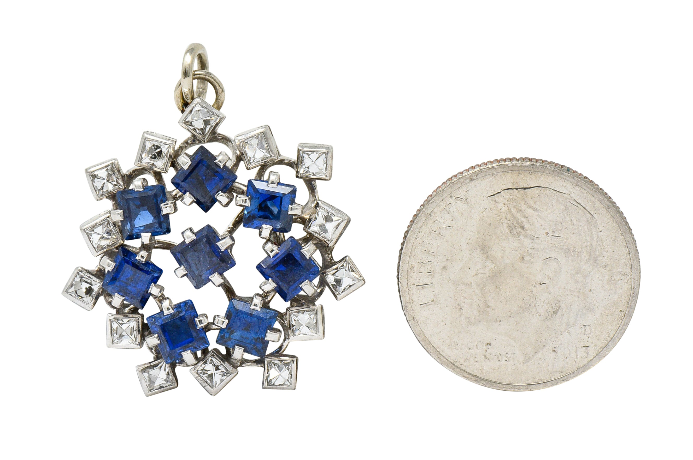 Art Deco 3.18 CTW Sapphire Diamond Platinum Starburst PendantNecklace - Wilson's Estate Jewelry