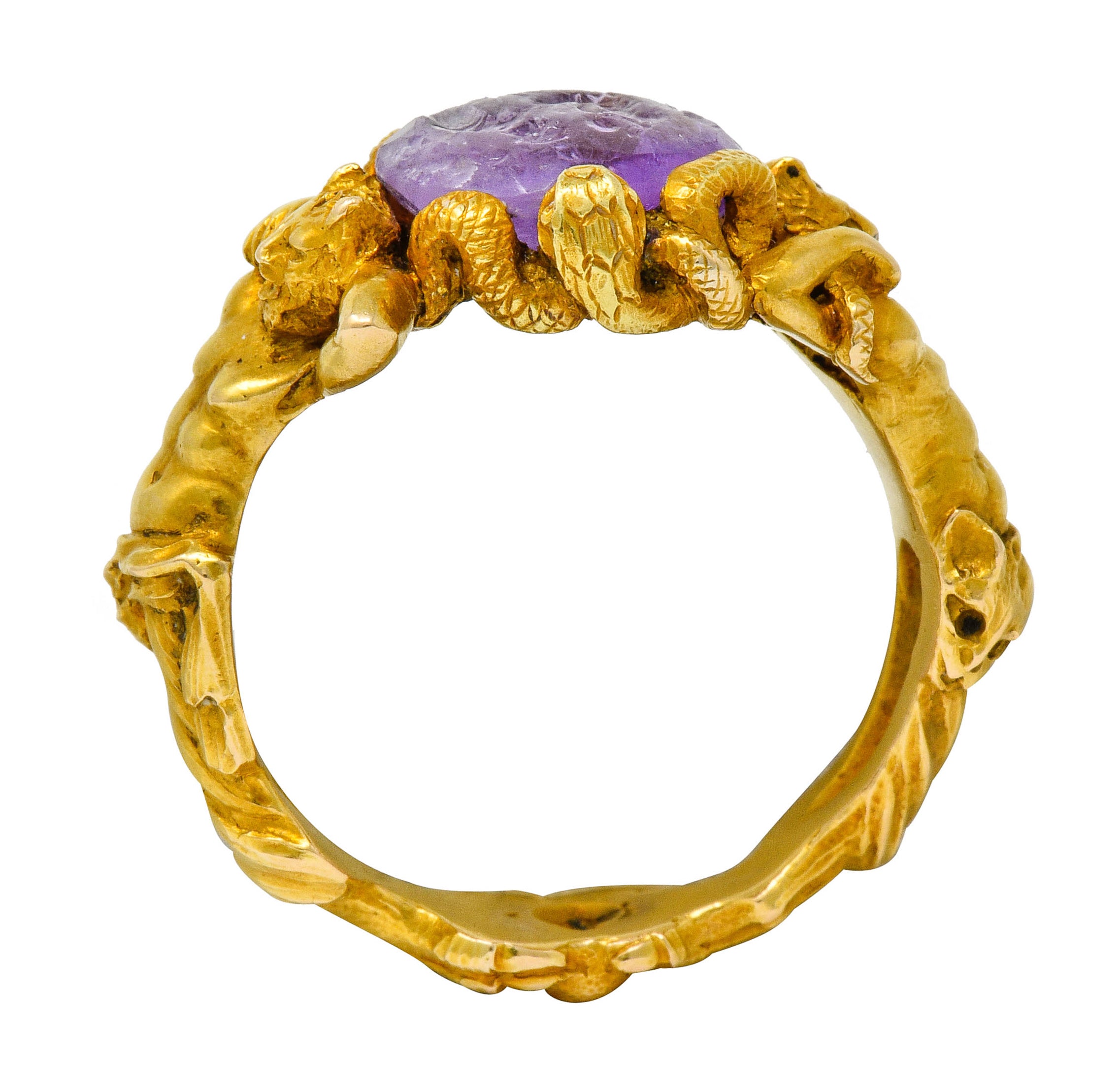 Victorian Roman Ancient Carved Amethyst Intaglio 18 Karat Gold Men's Snake & Devil RingRing - Wilson's Estate Jewelry