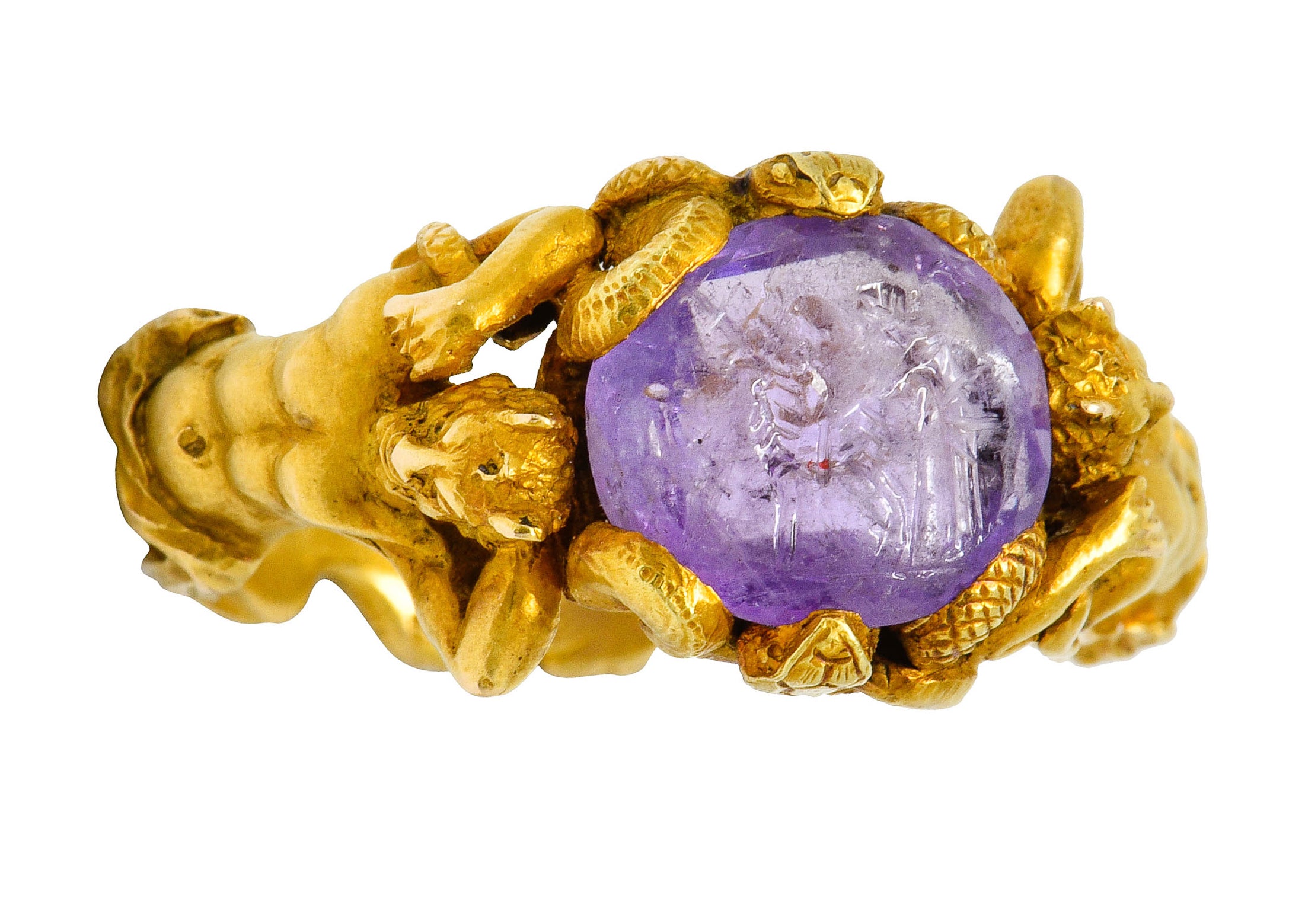 Victorian Roman Ancient Carved Amethyst Intaglio 18 Karat Gold Men's Snake & Devil RingRing - Wilson's Estate Jewelry