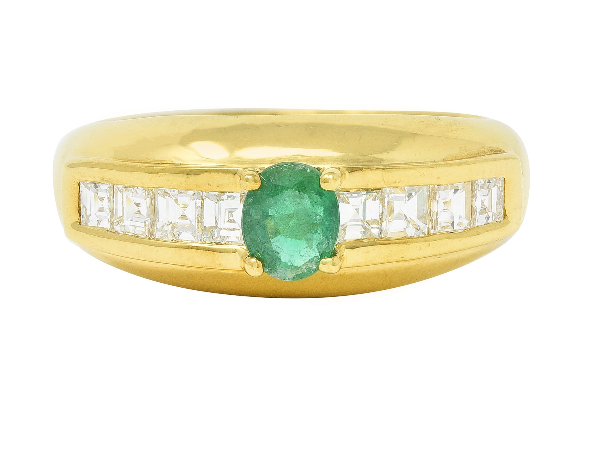 1980's 1.00 CTW Emerald Diamond 18 Karat Yellow Gold Vintage Gemstone Ring