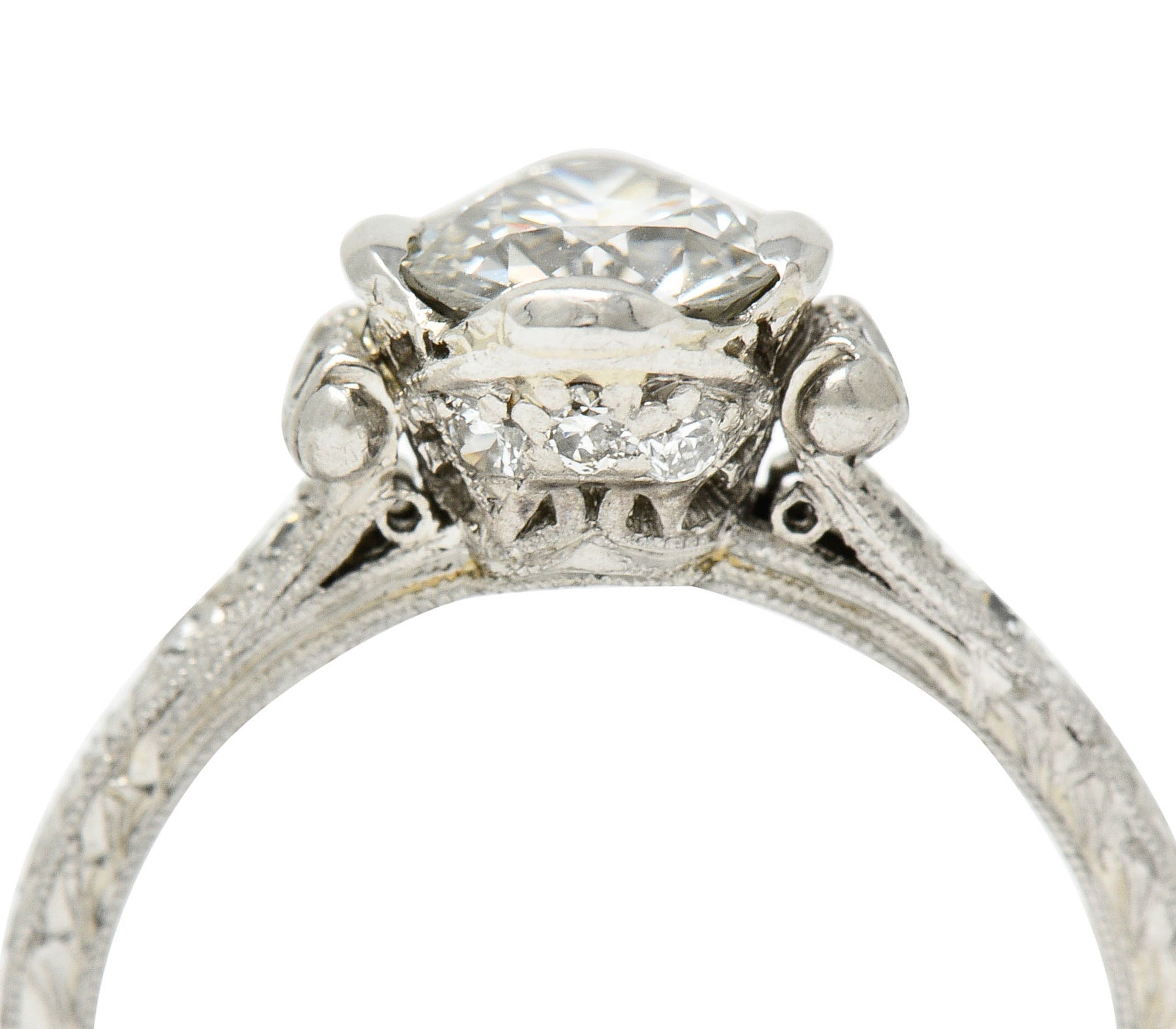 Edwardian 1.11 CTW Diamond Platinum Scrolled Foliate Engagement Ring GIARing - Wilson's Estate Jewelry