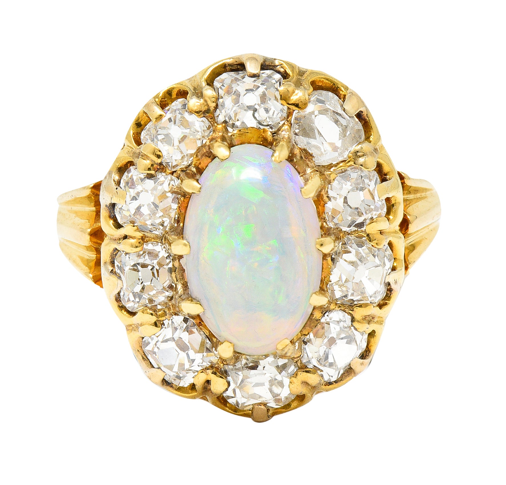 Victorian 1.50 CTW Old Mine Cut Diamond Opal 14 Karat Yellow Gold Antique Cluster Ring Wilson's Estate Jewelry