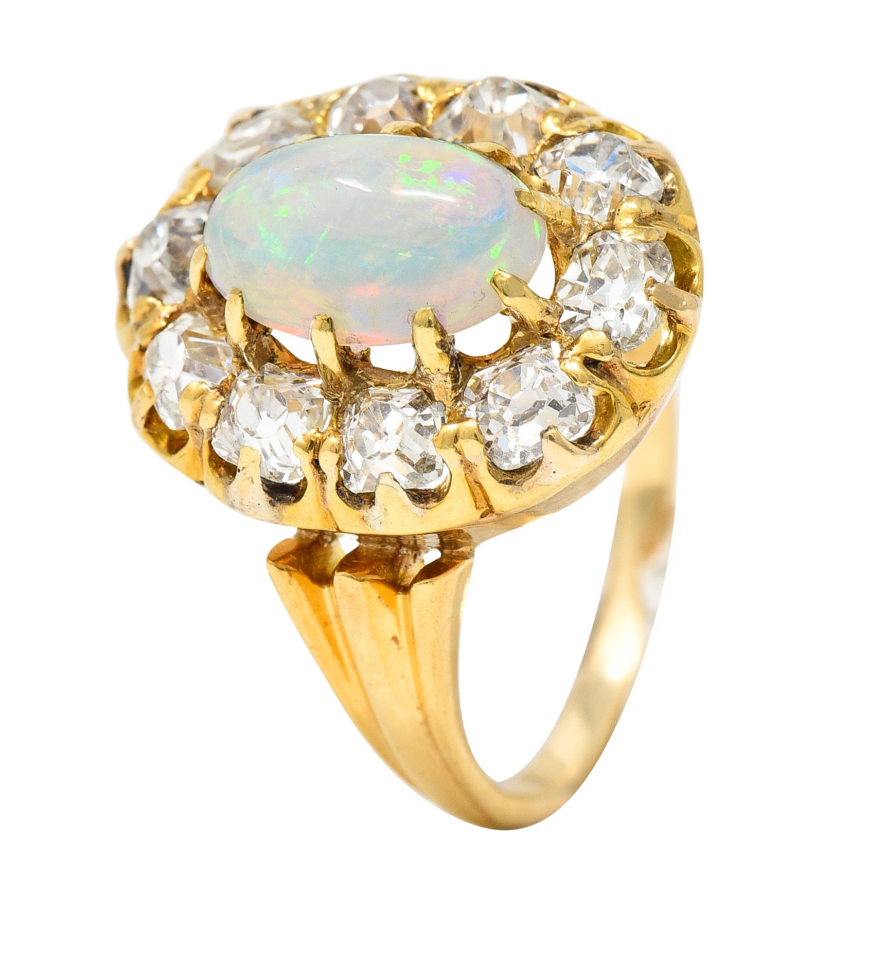 Victorian 1.50 CTW Old Mine Cut Diamond Opal 14 Karat Yellow Gold Antique Cluster Ring Wilson's Estate Jewelry