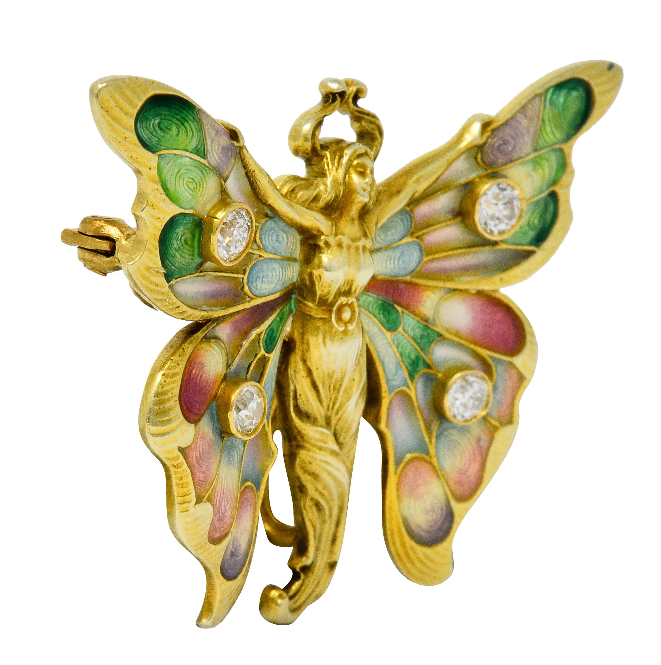 Whiteside & Blank Art Nouveau Diamond Enamel 14 Karat Gold Butterfly Nymph Brooch - Wilson's Estate Jewelry