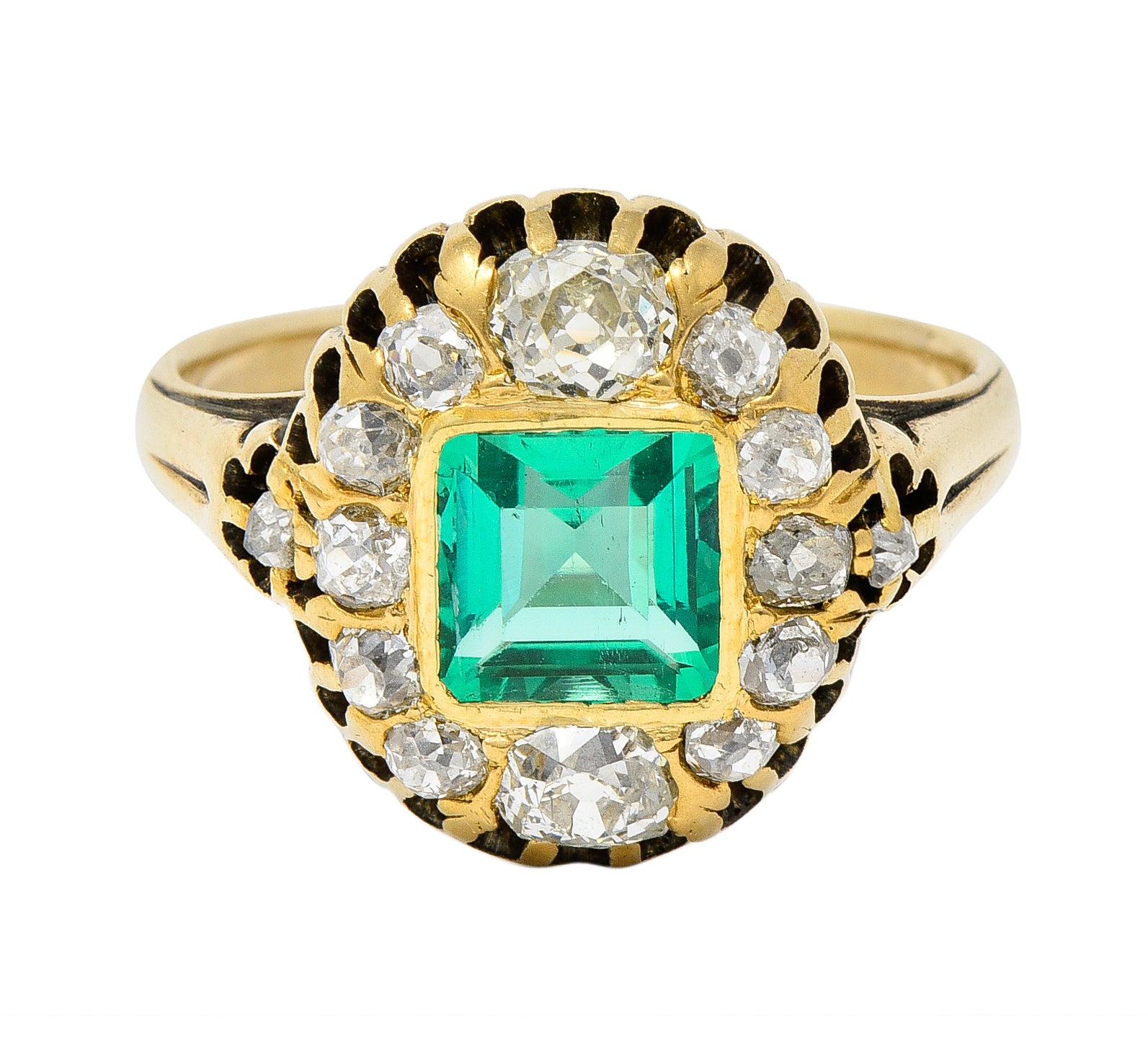 Victorian 1.88 CTW No Oil Colombian Emerald Old Mine Cut Diamond 14 Karat Yellow Gold Antique Halo Ring GIA Wilson's Estate Jewelry