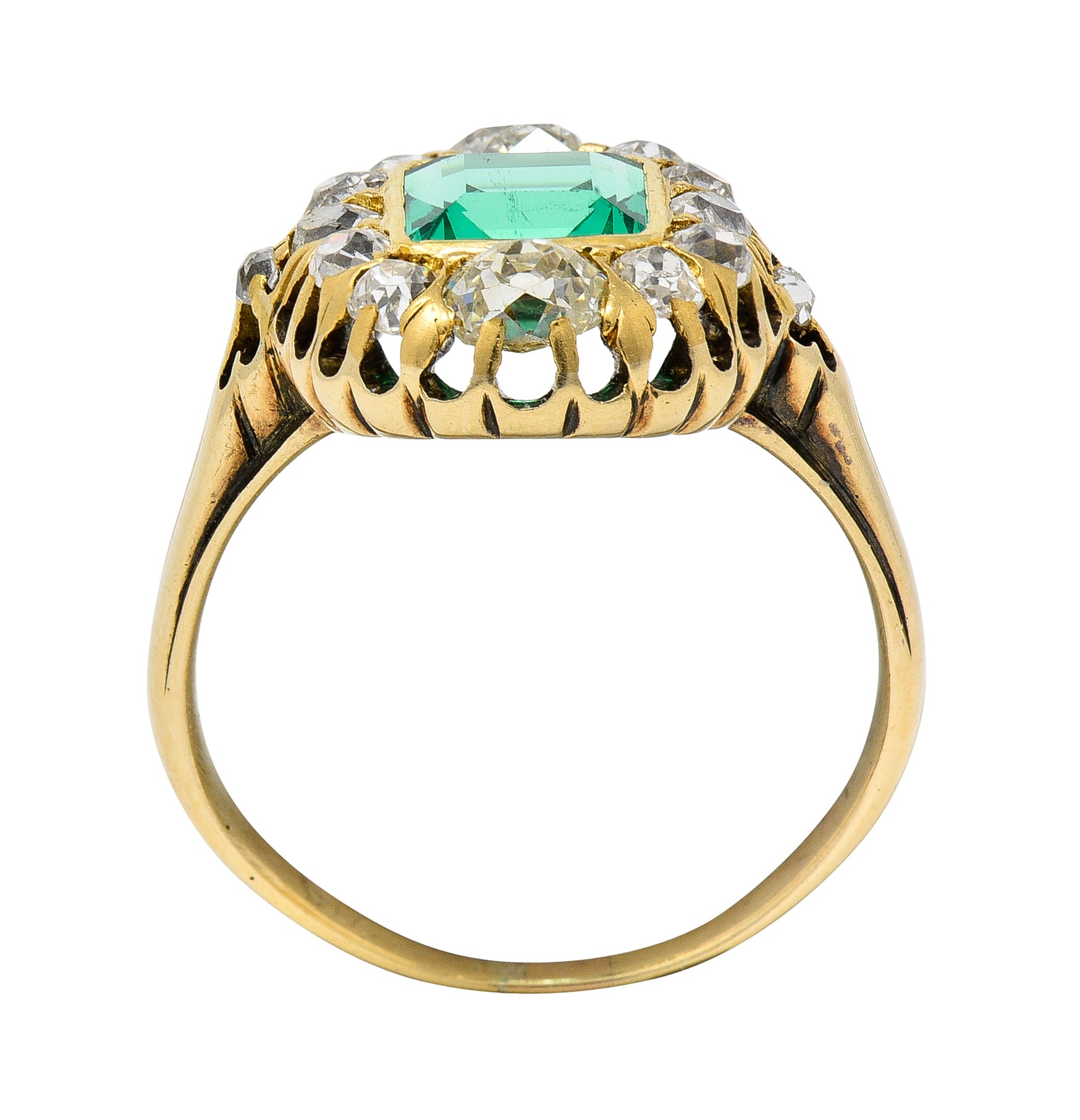 Victorian 1.88 CTW No Oil Colombian Emerald Old Mine Cut Diamond 14 Karat Yellow Gold Antique Halo Ring GIA Wilson's Estate Jewelry