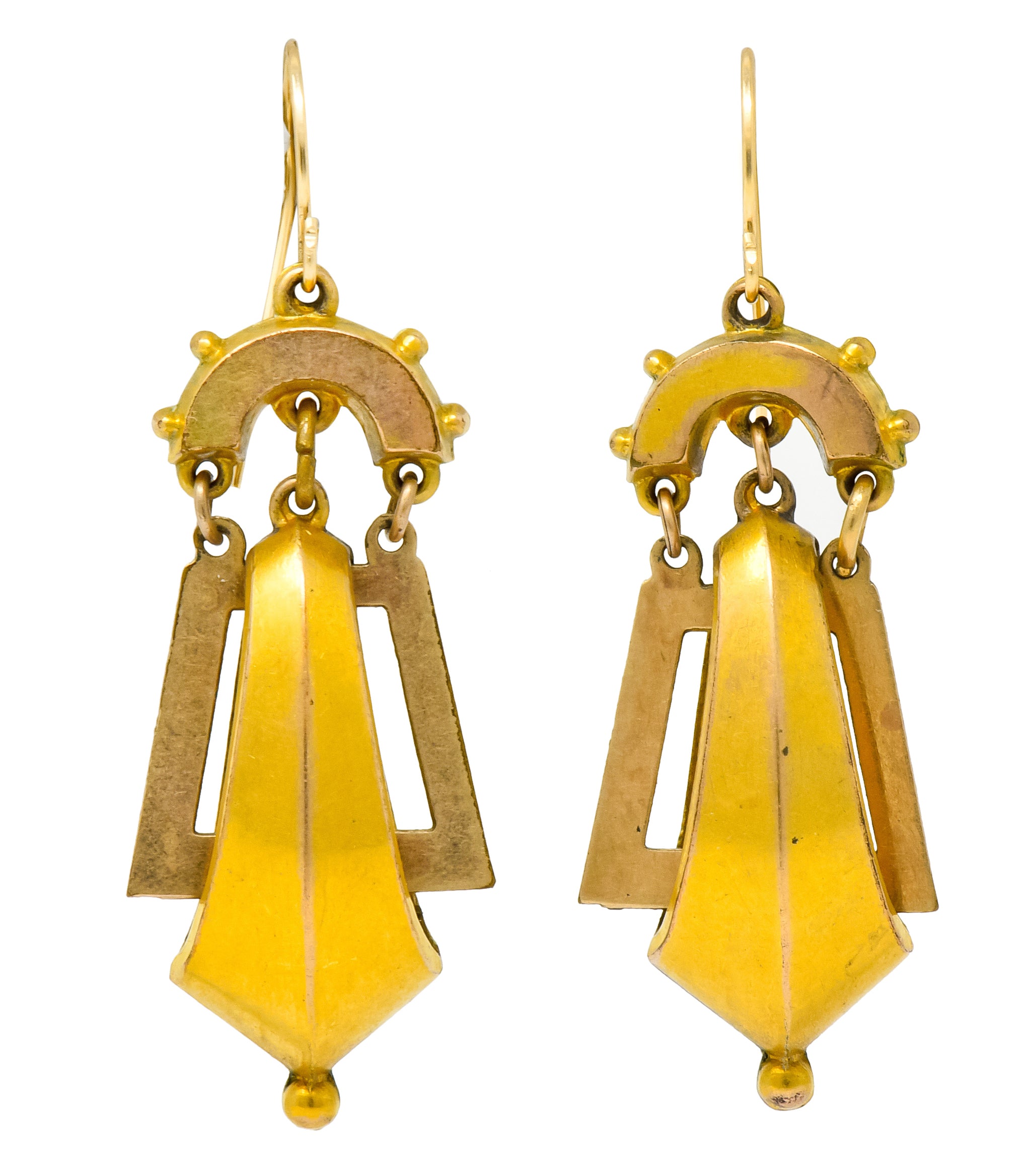 Victorian Etruscan Revival Articulated 9 Karat Matte Gold Drop Earrings - Wilson's Estate Jewelry