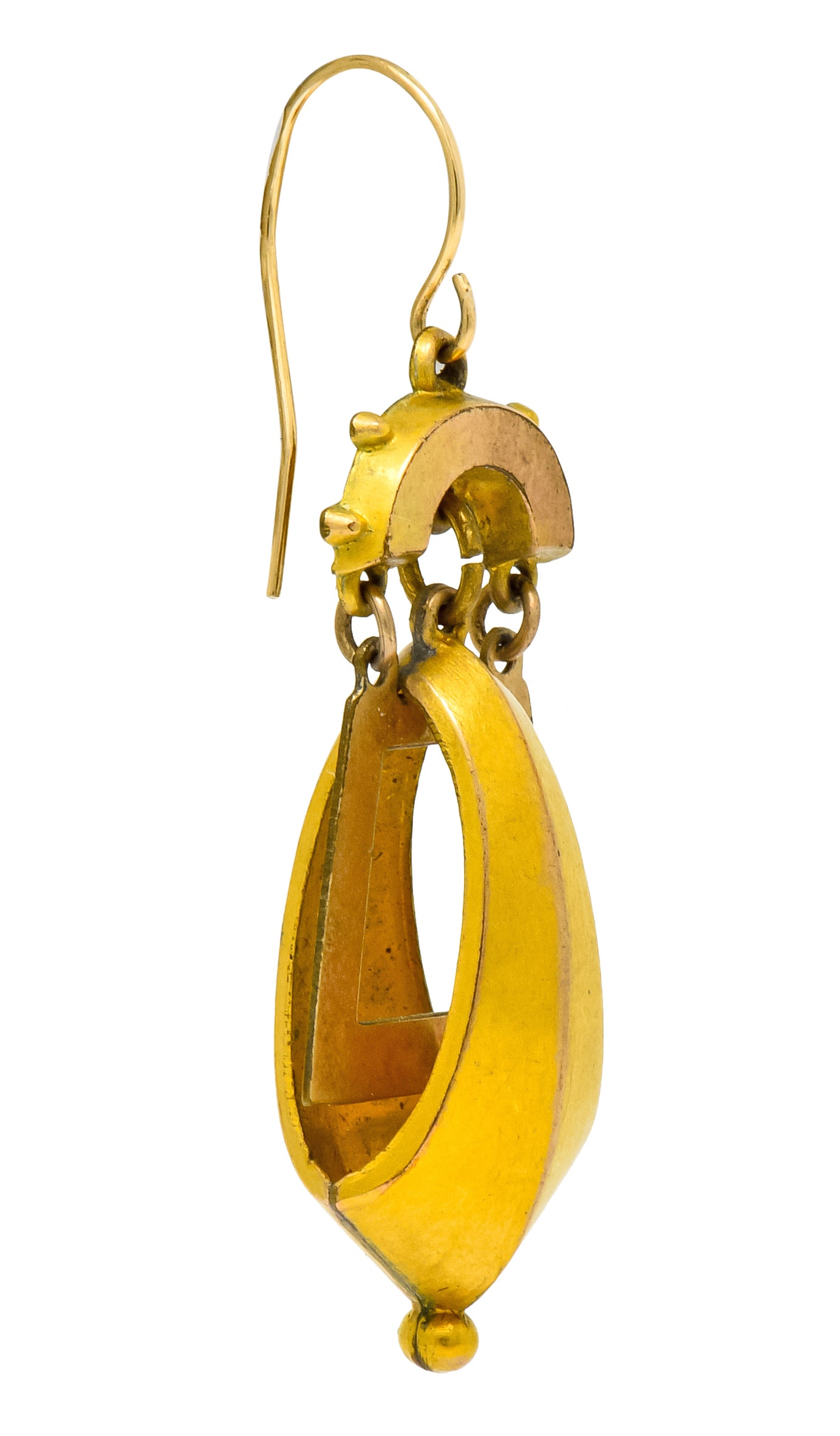 Victorian Etruscan Revival Articulated 9 Karat Matte Gold Drop Earrings - Wilson's Estate Jewelry