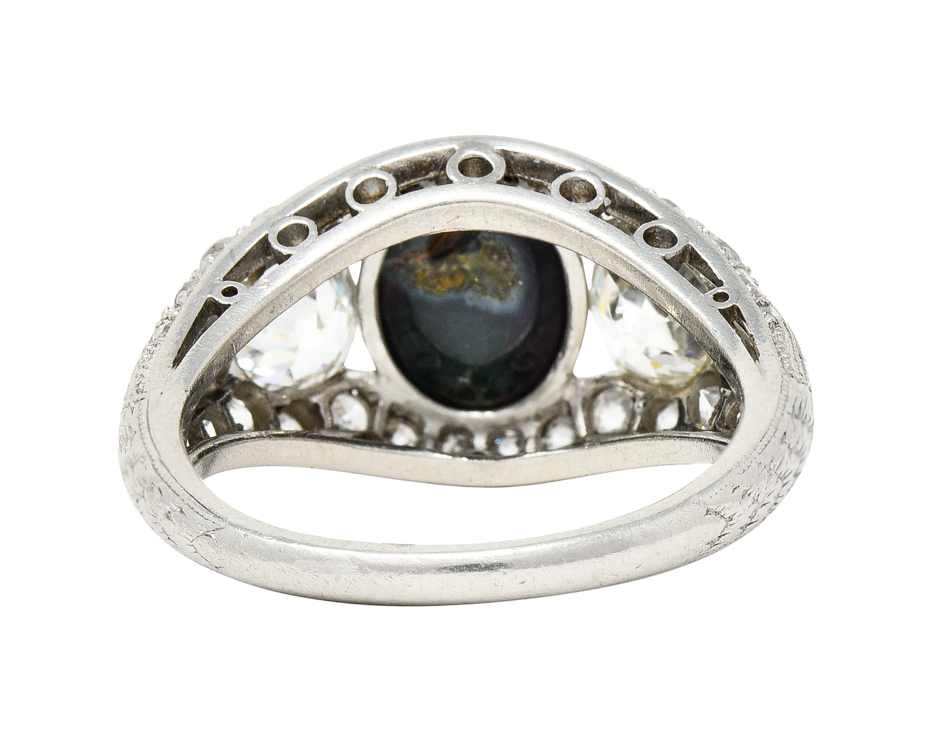 Art Deco Black Opal Cabochon Old Mine Cut Diamond Platinum Antique Bombay Dinner Ring Wilson's Estate Jewelry