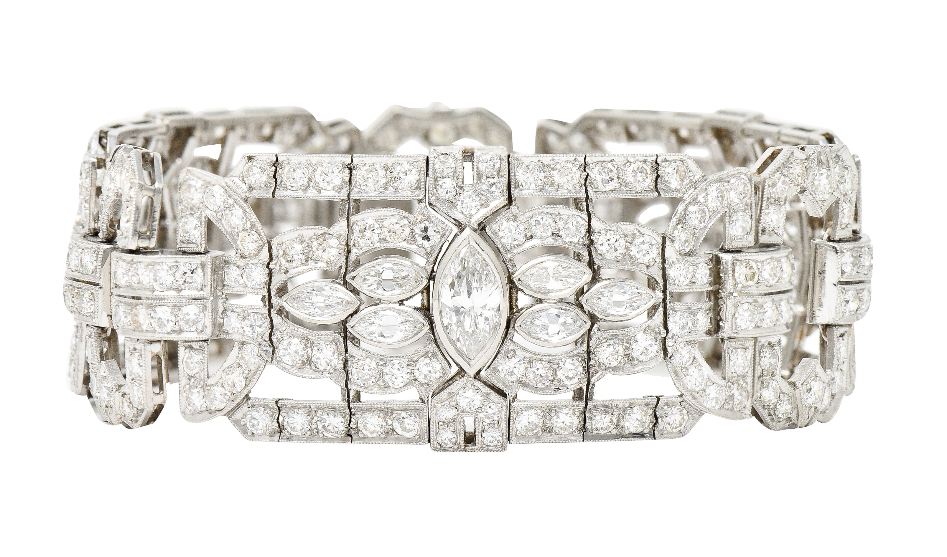 Waslikoff Art Deco 19.10 CTW Marquise Cut Diamond Platinum Geometric Wide Strap Link Bracelet Wilson's Estate Jewelry