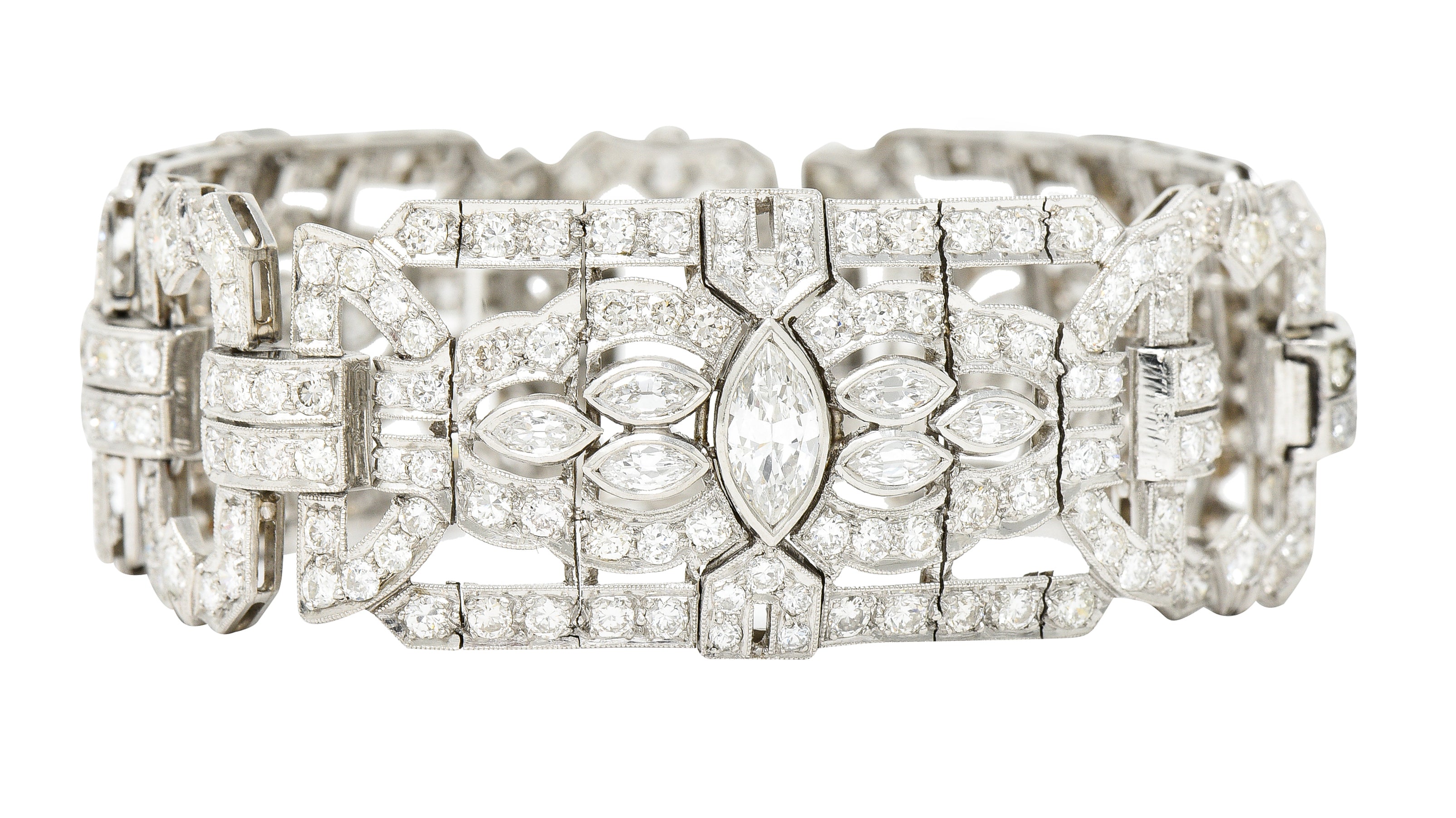 Waslikoff Art Deco 19.10 CTW Marquise Cut Diamond Platinum Geometric Wide Strap Link Bracelet Wilson's Estate Jewelry