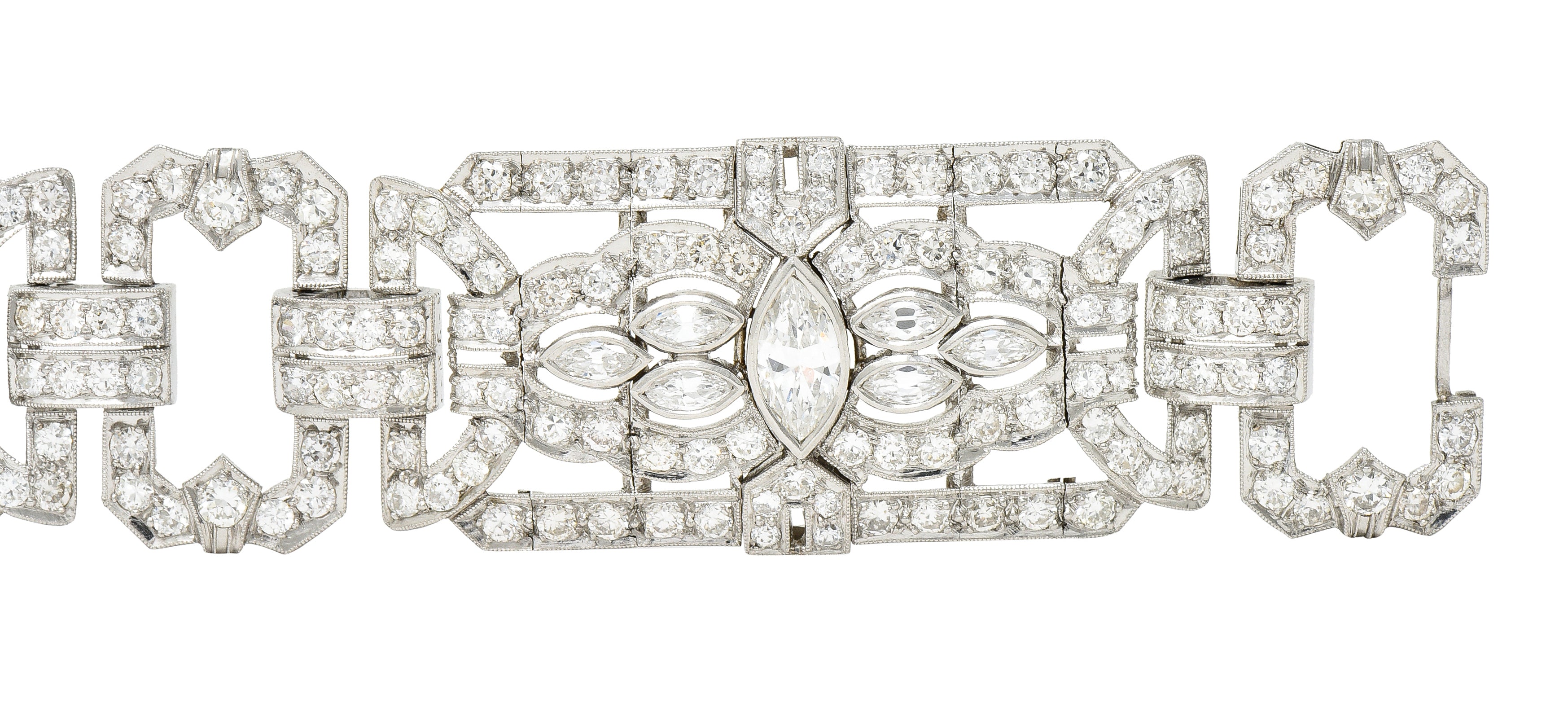 Waslikoff Art Deco 19.10 CTW Marquise Cut Diamond Platinum Geometric Wide Strap Link Bracelet Wilson's Estate Jewelry