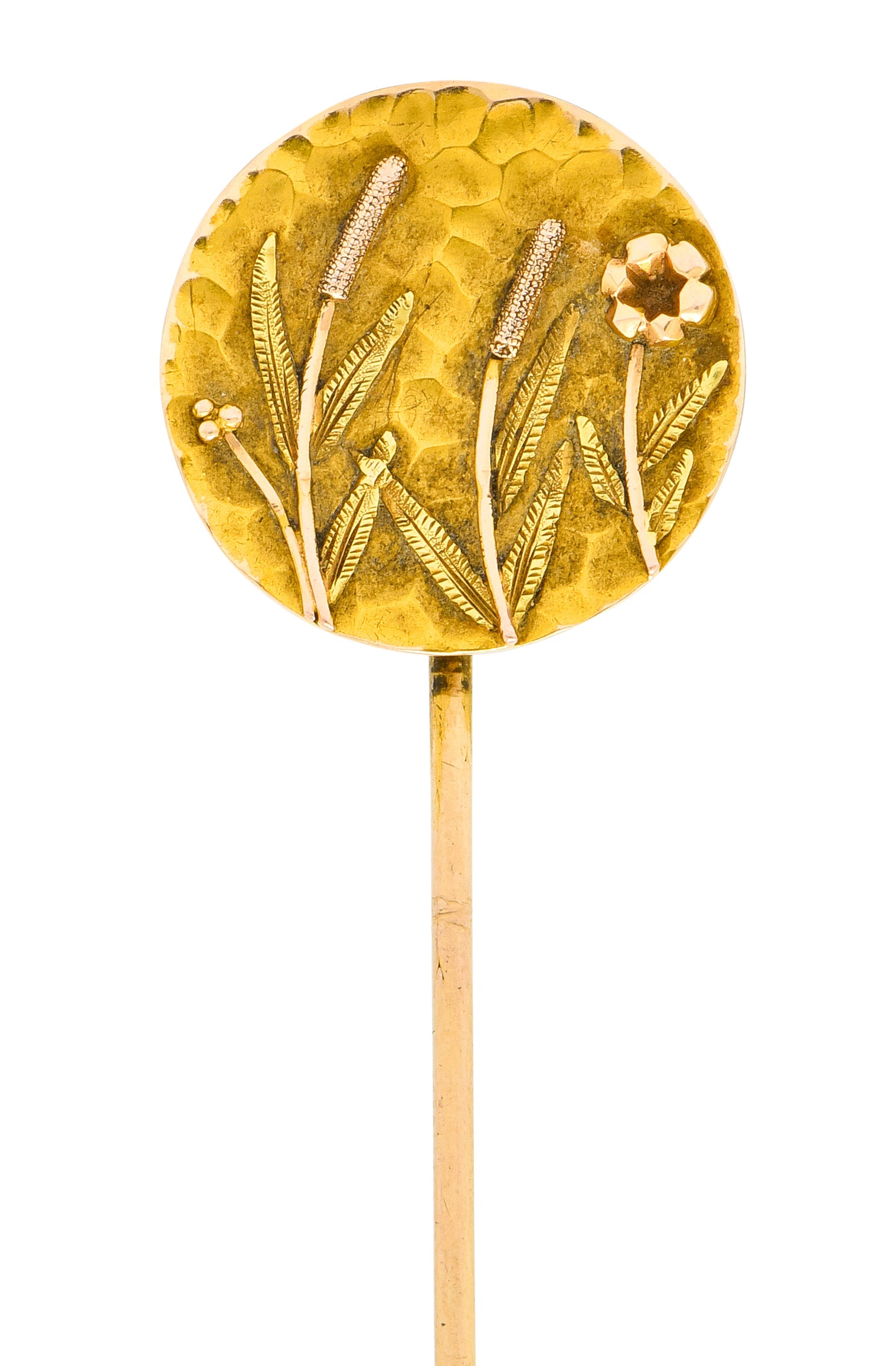 Art Nouveau Tri-Colored Gold Hammered Wildflower Stickpin - Wilson's Estate Jewelry