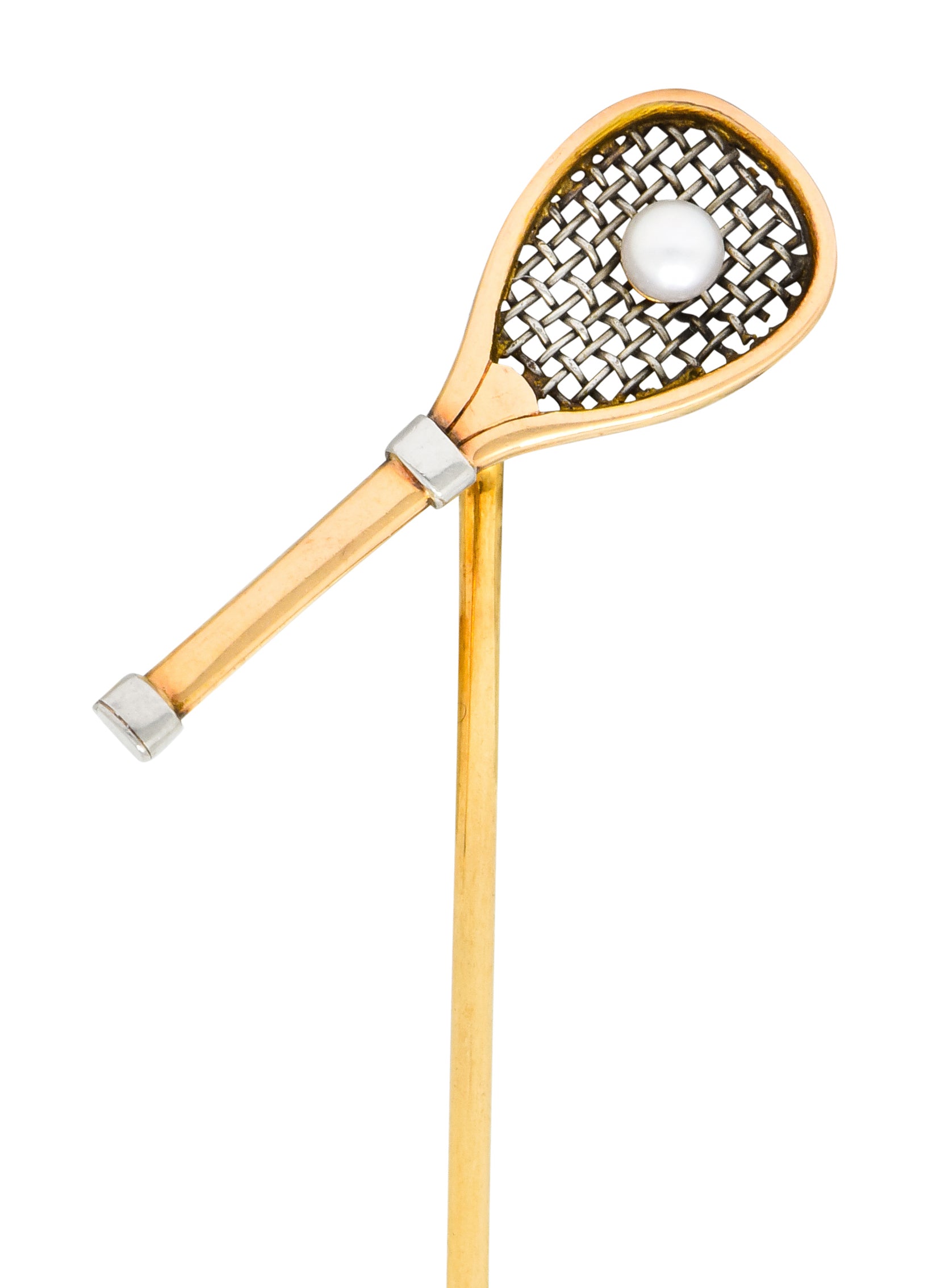 Edwardian Pearl Platinum-Topped 14 Karat Rose Gold Tennis Racket Stickpin - Wilson's Estate Jewelry