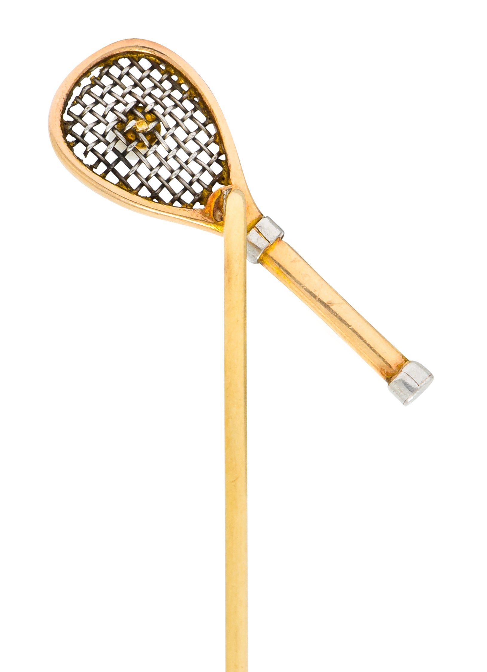 Edwardian Pearl Platinum-Topped 14 Karat Rose Gold Tennis Racket Stickpin - Wilson's Estate Jewelry