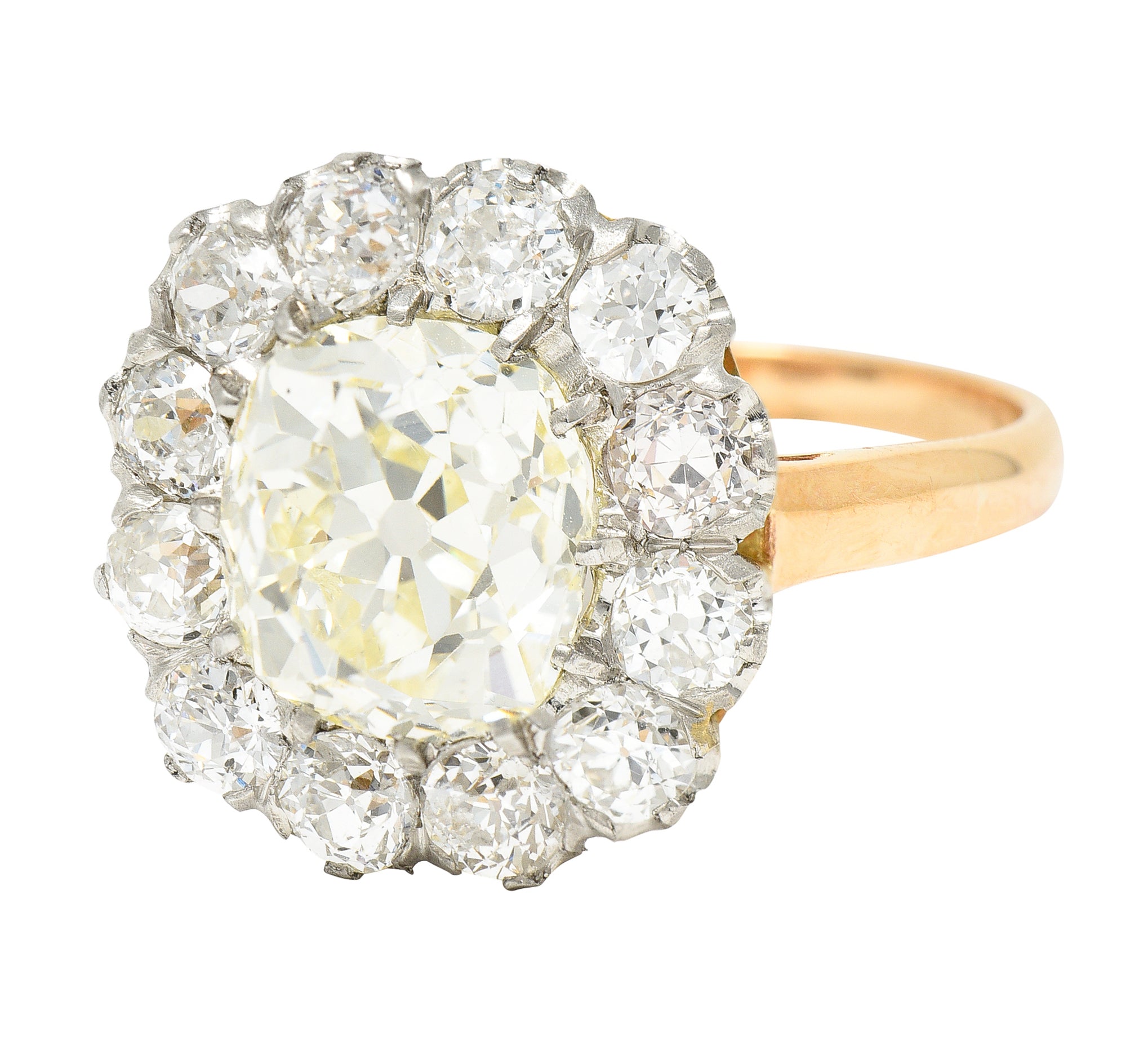 Edwardian 4.16 CTW Old Mine Old European Cut Diamond Platinum-Topped 18 Karat Yellow Gold Cluster Antique Engagement Ring Wilson's Estate Jewelry