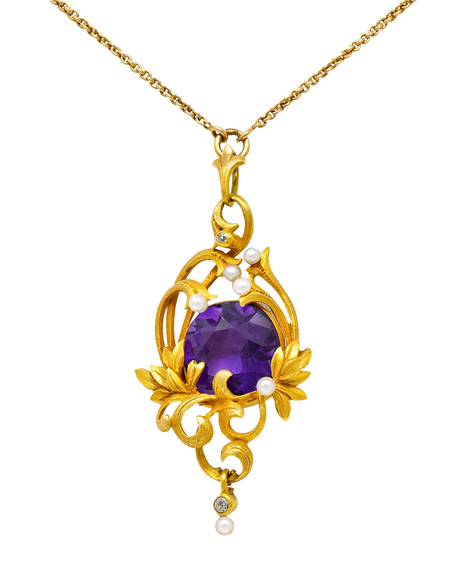 Art Nouveau 14 Karat Gold Amethyst Diamond Pearl Foliate Drop Pendant NecklaceNecklace - Wilson's Estate Jewelry