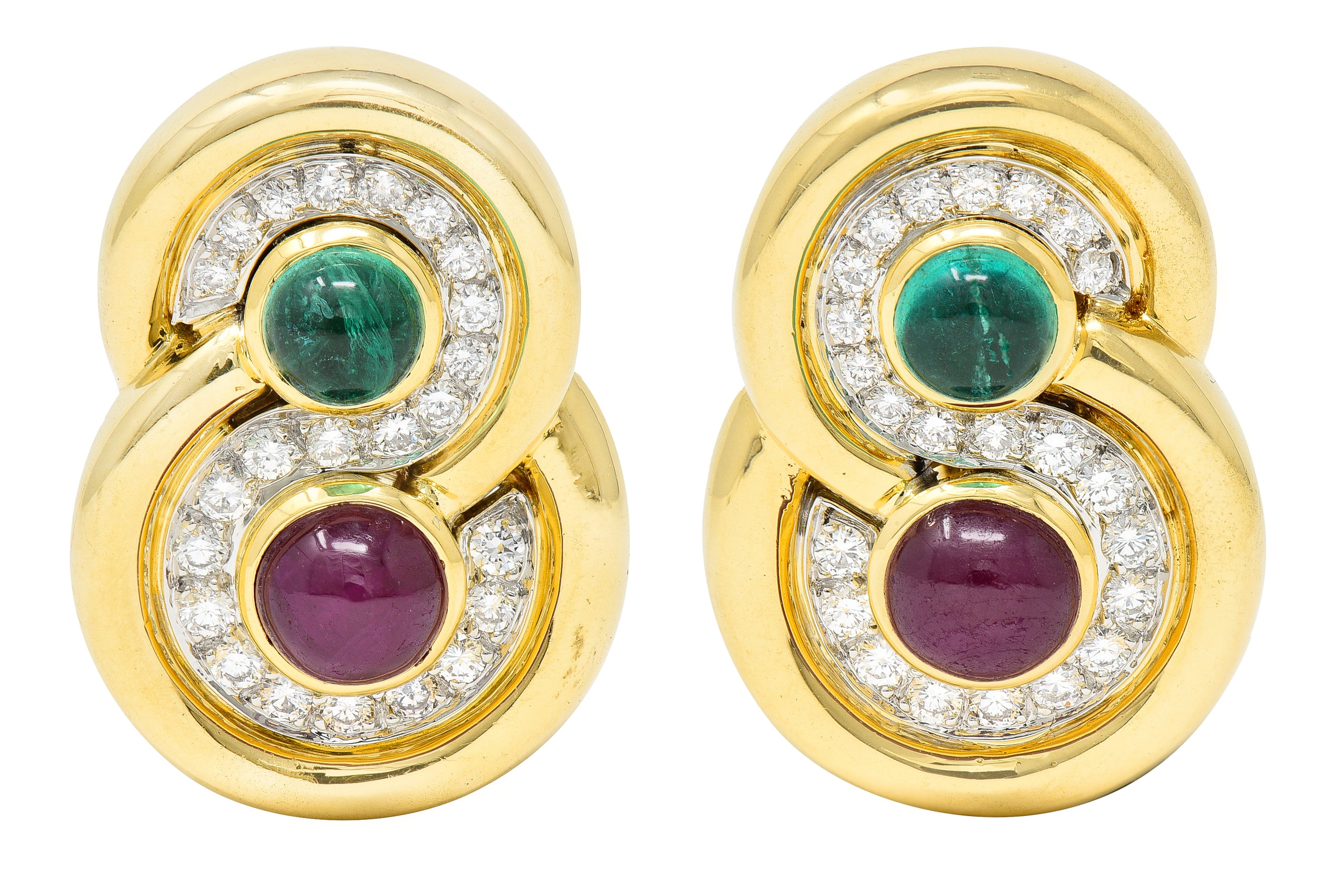 David Webb Vintage Diamond Emerald Ruby Platinum 18 Karat Yellow Gold Ear-Clip Earrings Wilson's Estate Jewelry