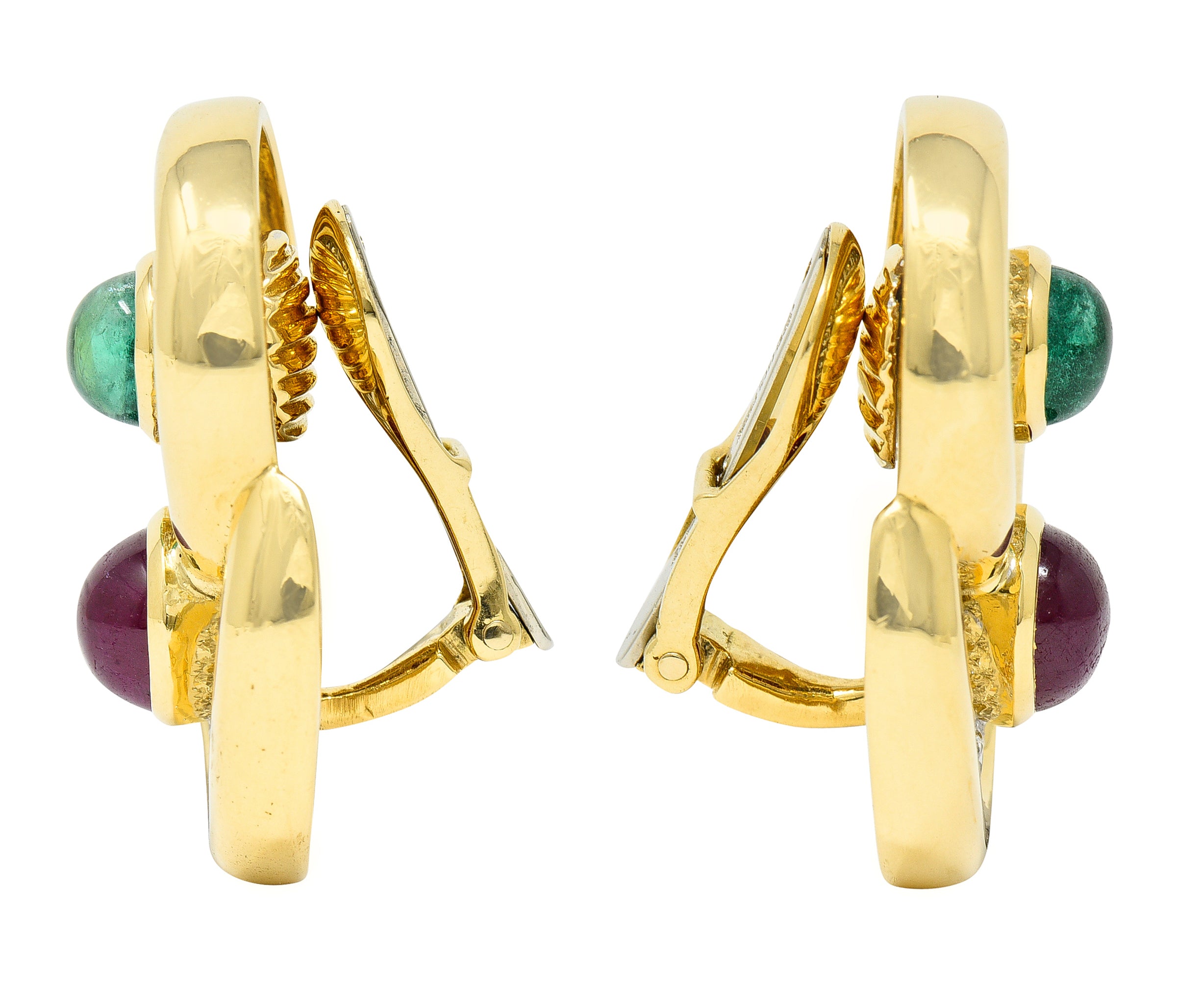 David Webb Vintage Diamond Emerald Ruby Platinum 18 Karat Yellow Gold Ear-Clip Earrings Wilson's Estate Jewelry