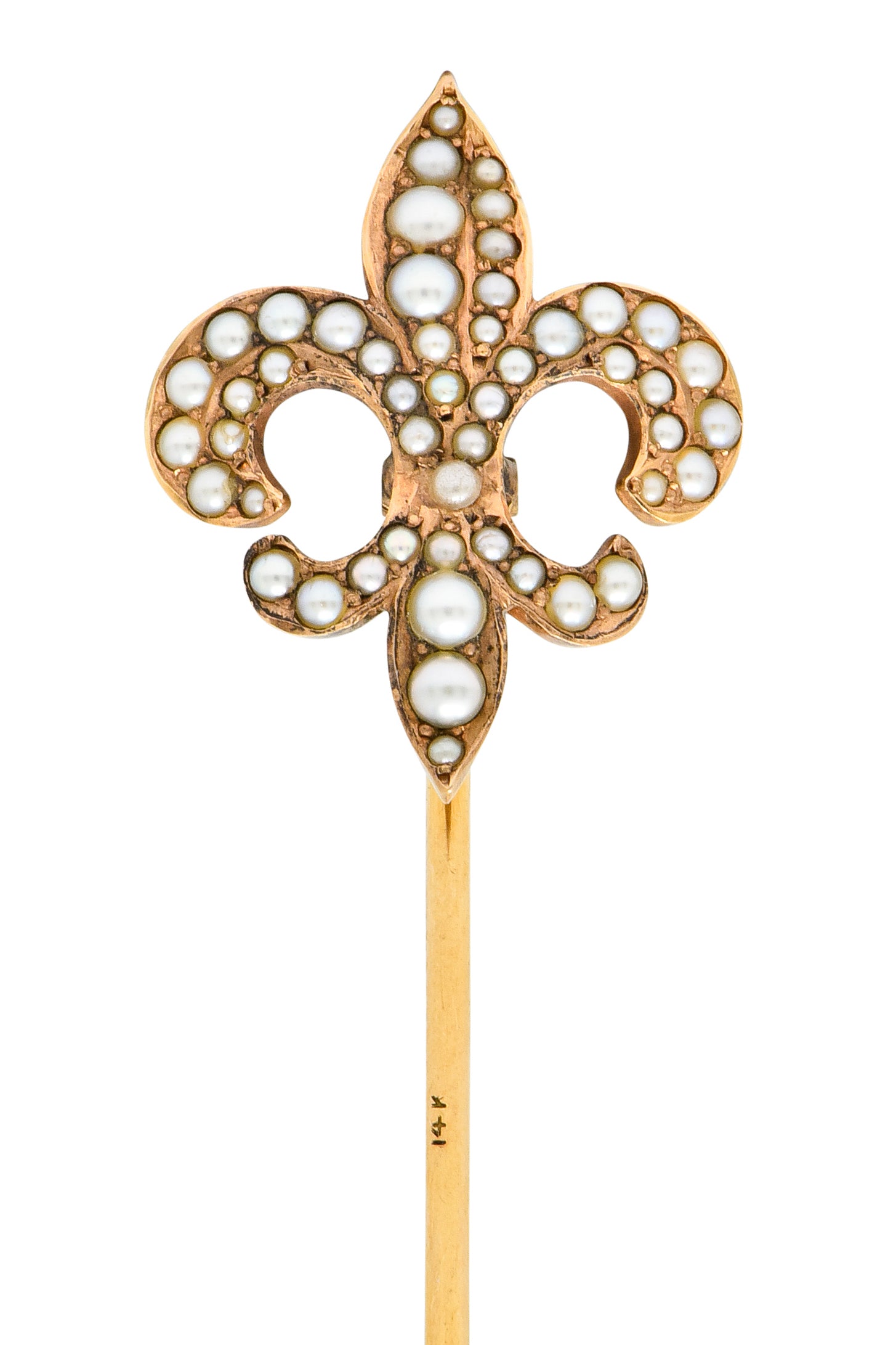 Riker Bros. Art Nouveau Seed Pearl 14 Karat Gold Fleur-De-Lis Stickpin - Wilson's Estate Jewelry