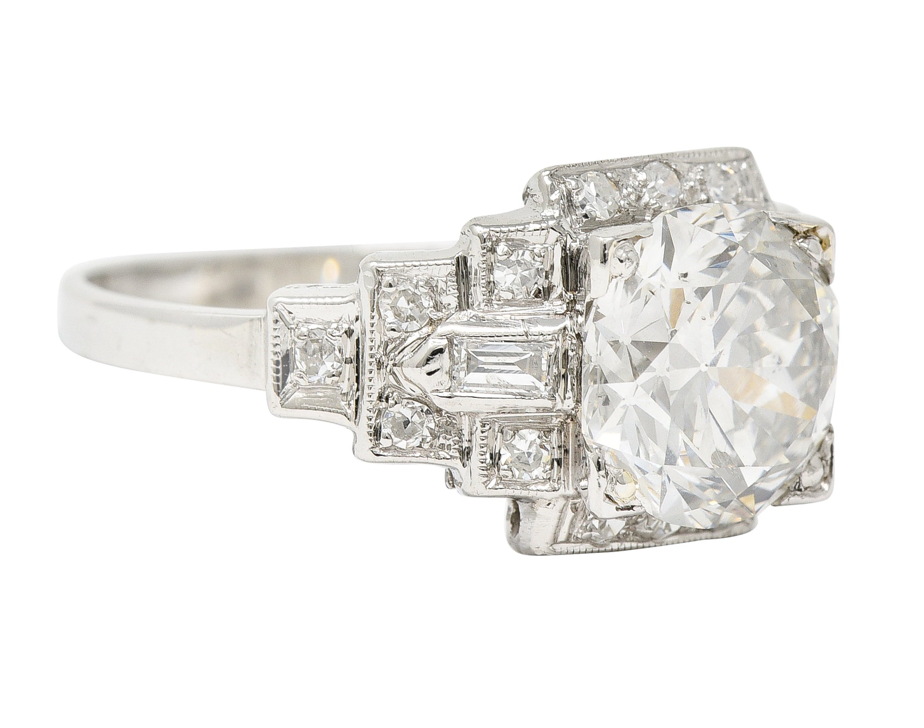 1930's Art Deco 2.34 CTW Old European Cut Diamond Platinum Square Stepped Engagement Ring GIA Wilson's Estate Jewelry