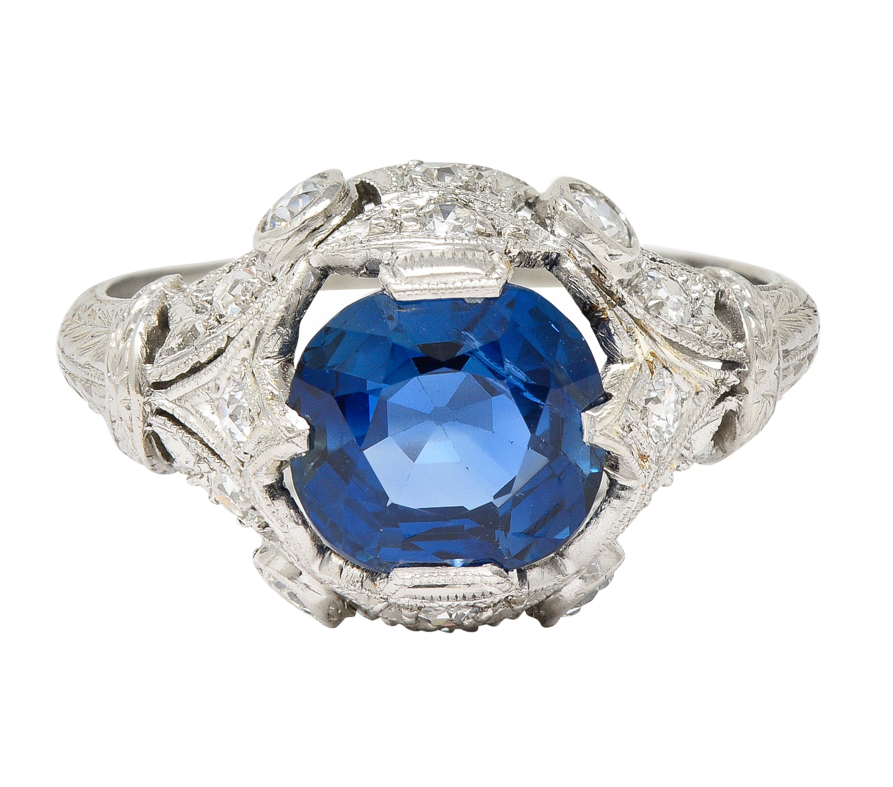 Art Deco 3.21 CTW No Heat Cushion Cut Sapphire Diamond Platinum Fleur-De-Lis Gemstone Ring Wilson's Estate Jewelry