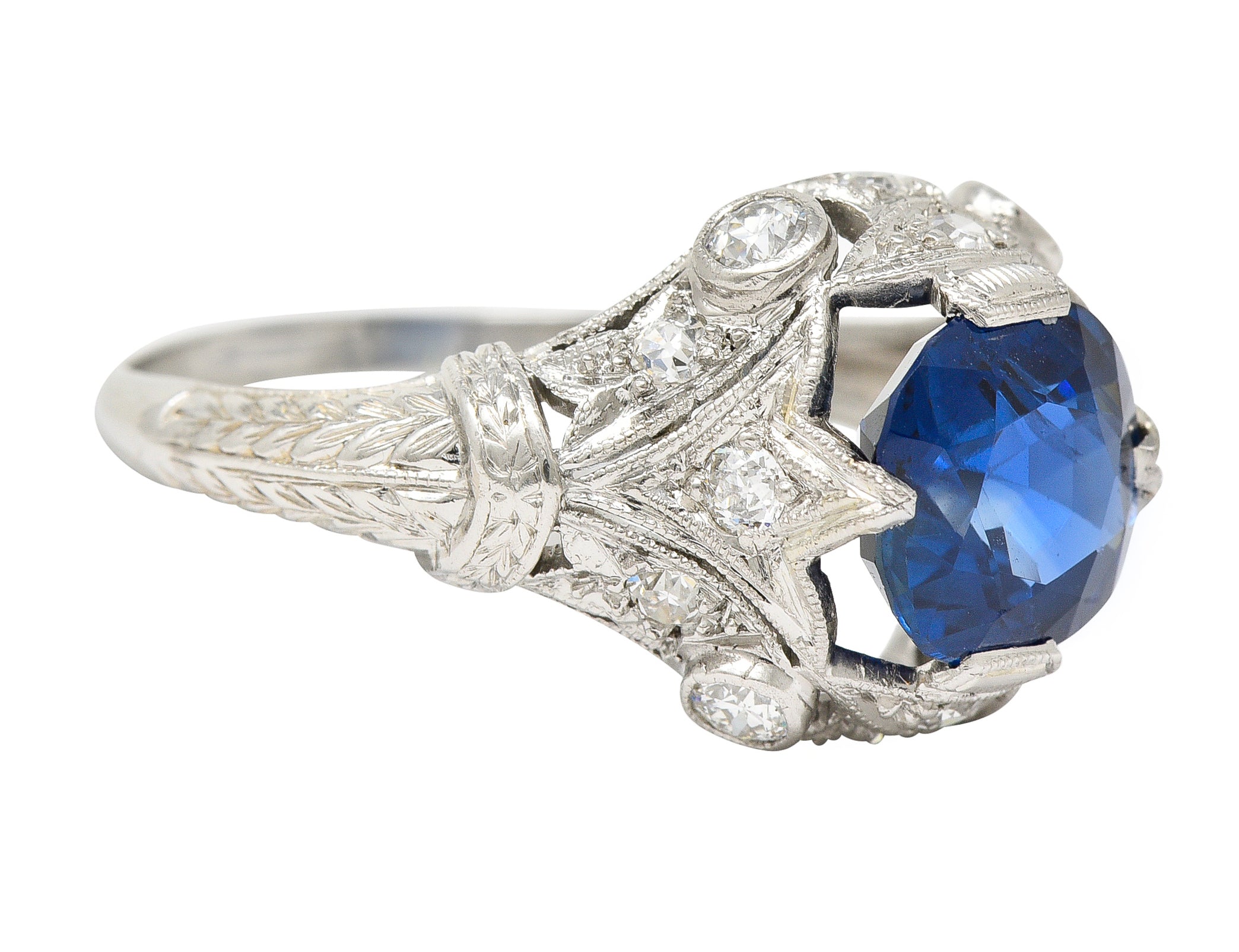 Art Deco 3.21 CTW No Heat Cushion Cut Sapphire Diamond Platinum Fleur-De-Lis Gemstone Ring Wilson's Estate Jewelry