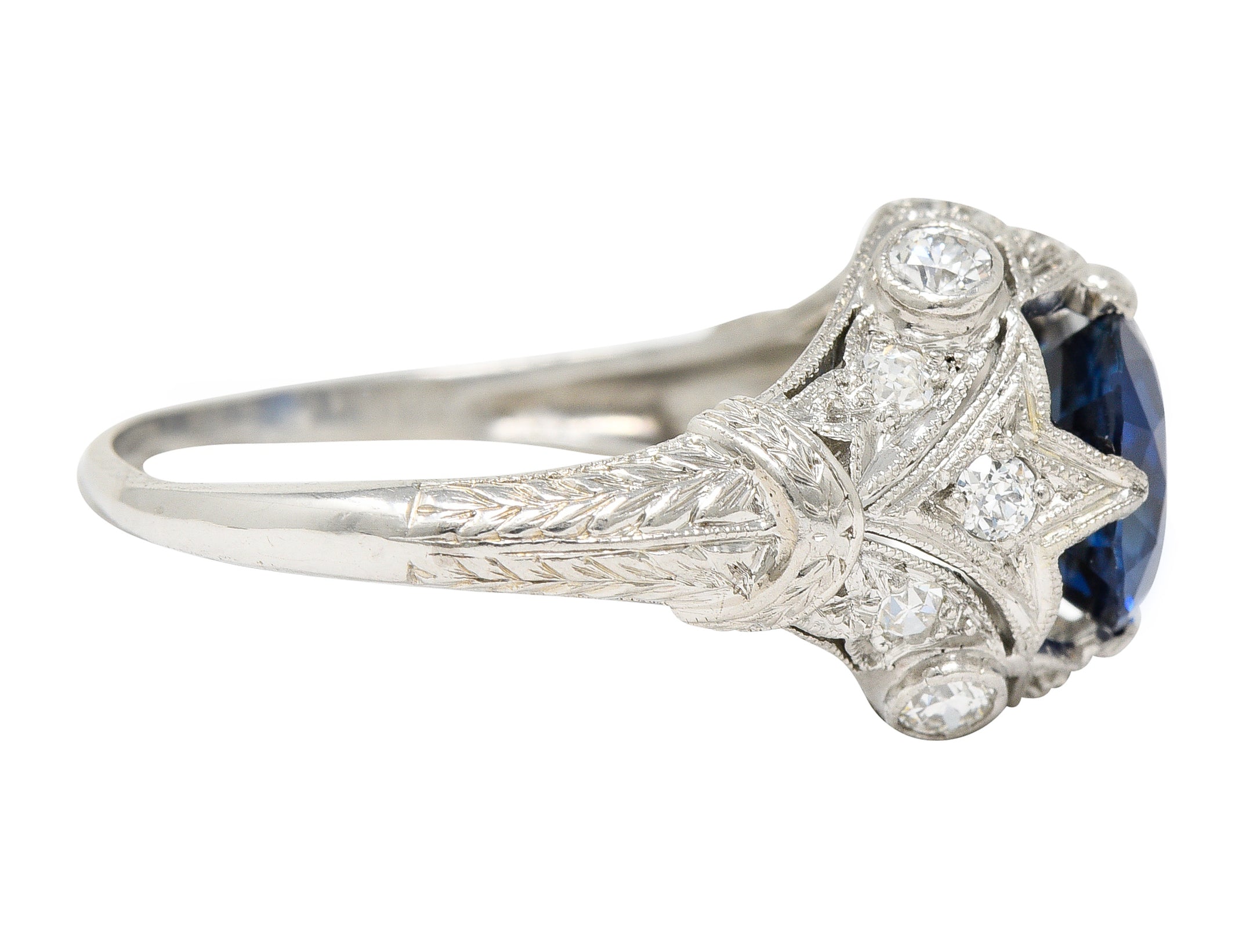 Art Deco 3.21 CTW No Heat Cushion Cut Sapphire Diamond Platinum Fleur-De-Lis Gemstone Ring Wilson's Estate Jewelry